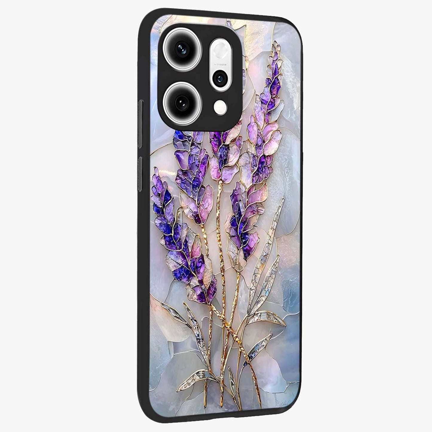 Lavender Dream Glow Glass Case upright view showcasing radiant lavender glow artwork with calming dreamy theme.