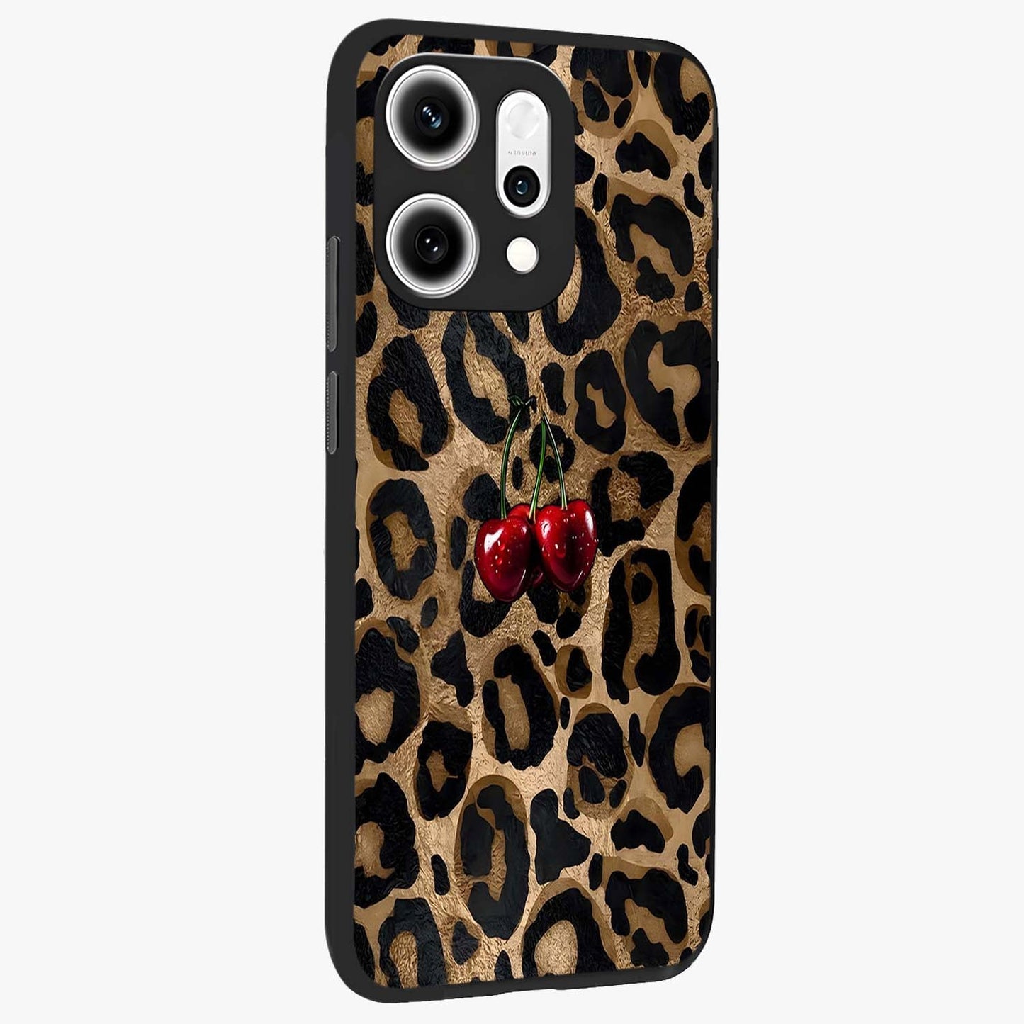 Leopard Wild Cherry Glass Case upright view showcasing stylish leopard pattern artwork with trendy fashion theme.
