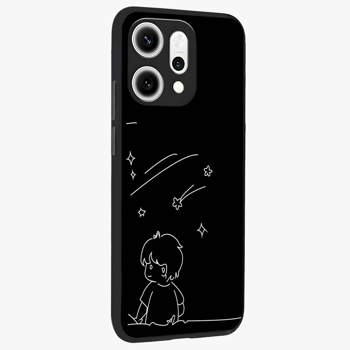 Line Art Boy With Shooting Stars Glass Case upright view showcasing artistic shooting star illustration with minimal style.