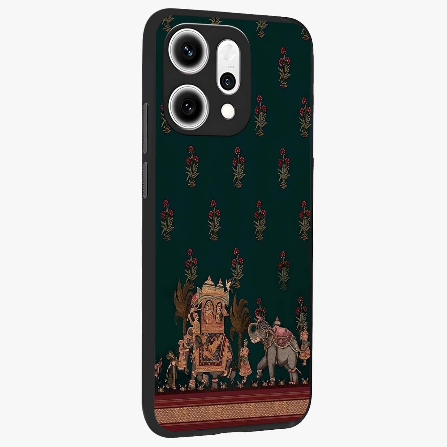 Macmerise Glass Case upright view showcasing bold artistic artwork with contemporary design theme.