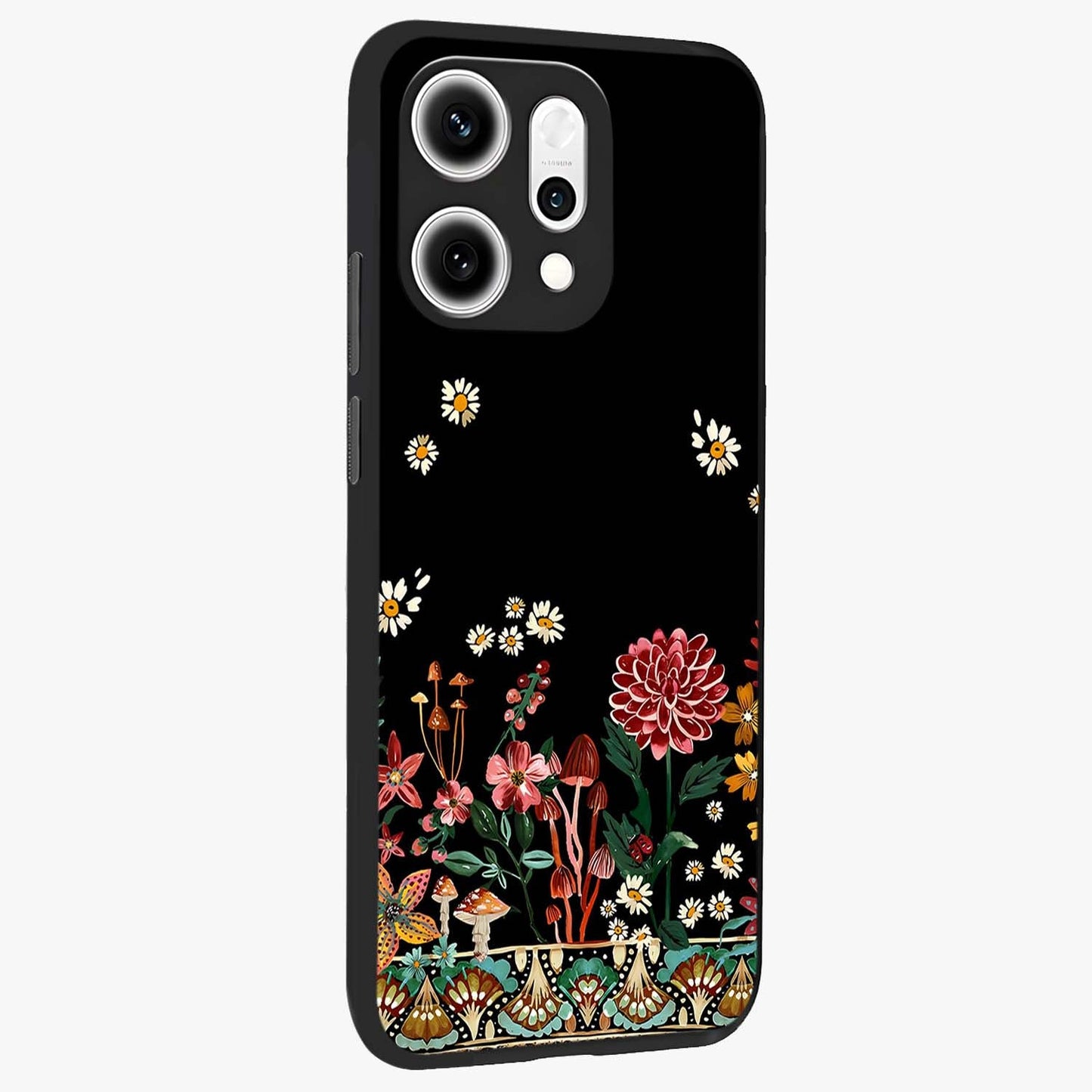 Midnight Bloom Pattern Glass Case upright view showcasing decorative floral artwork with deep night themed palette.