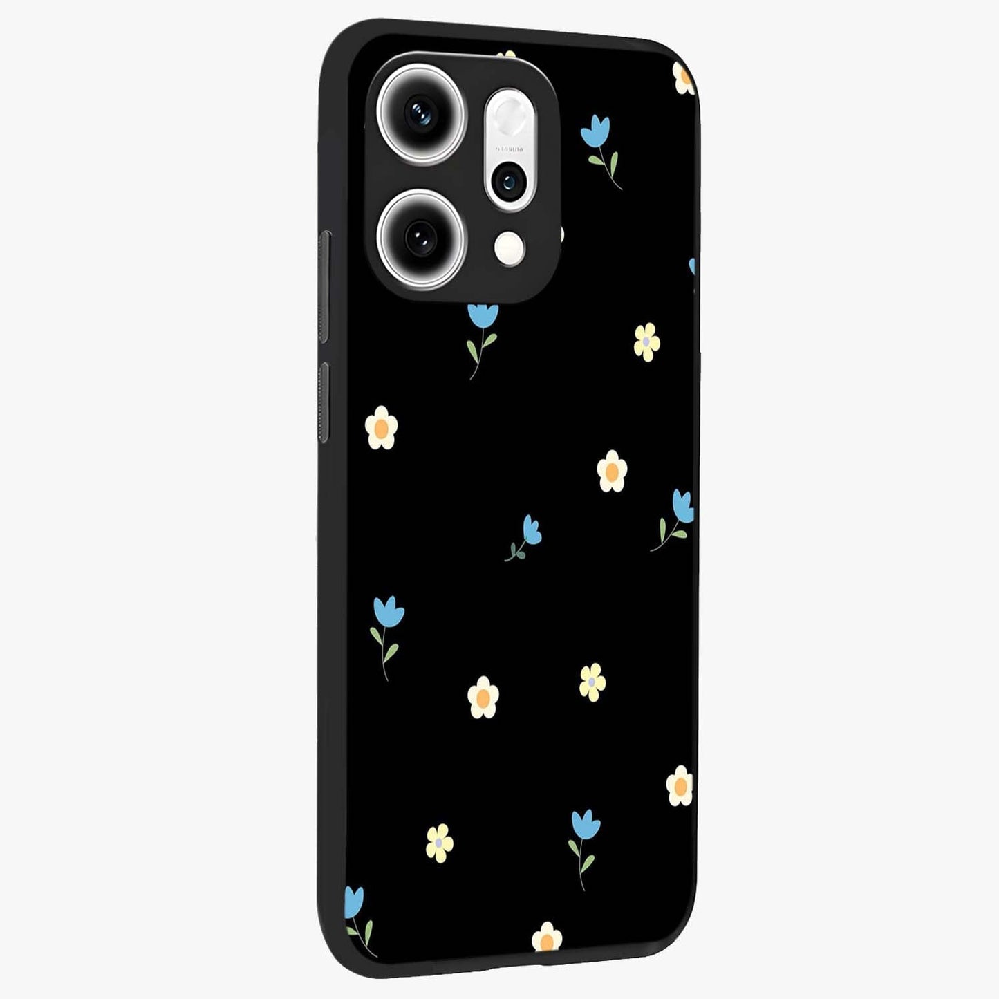 Minimal Petal Whispers Glass Case upright view showcasing elegant floral artwork with modern minimalist style.