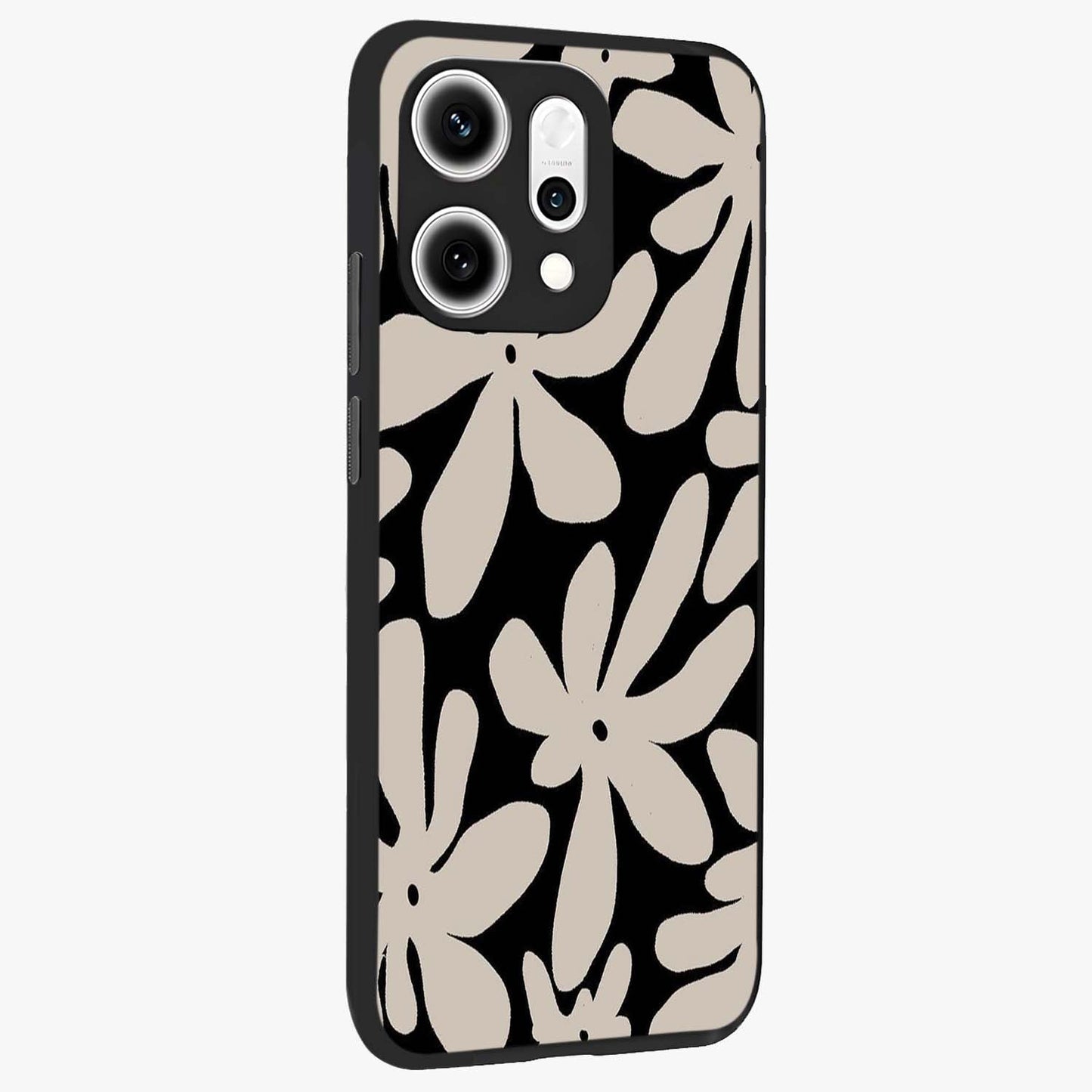 Monochrome Petal Dance Glass Case upright view showcasing artistic floral pattern with stylish monochrome theme.