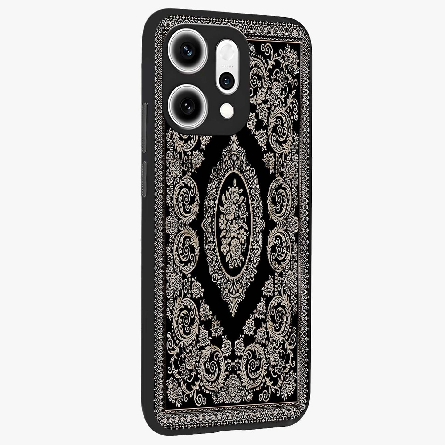 Noir Bloom Elegance Glass Case upright view showcasing graceful floral artwork with luxurious dark theme.