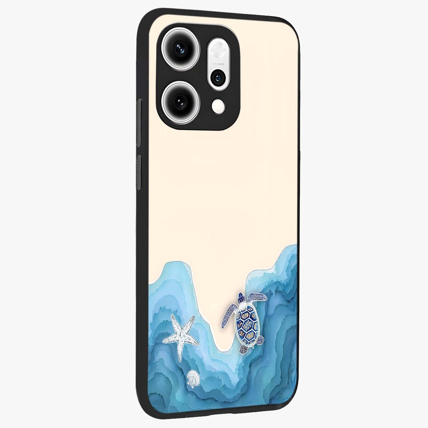 Ocean Drift Turtle Glass Case upright view showcasing calm underwater turtle artwork with nature inspired theme.
