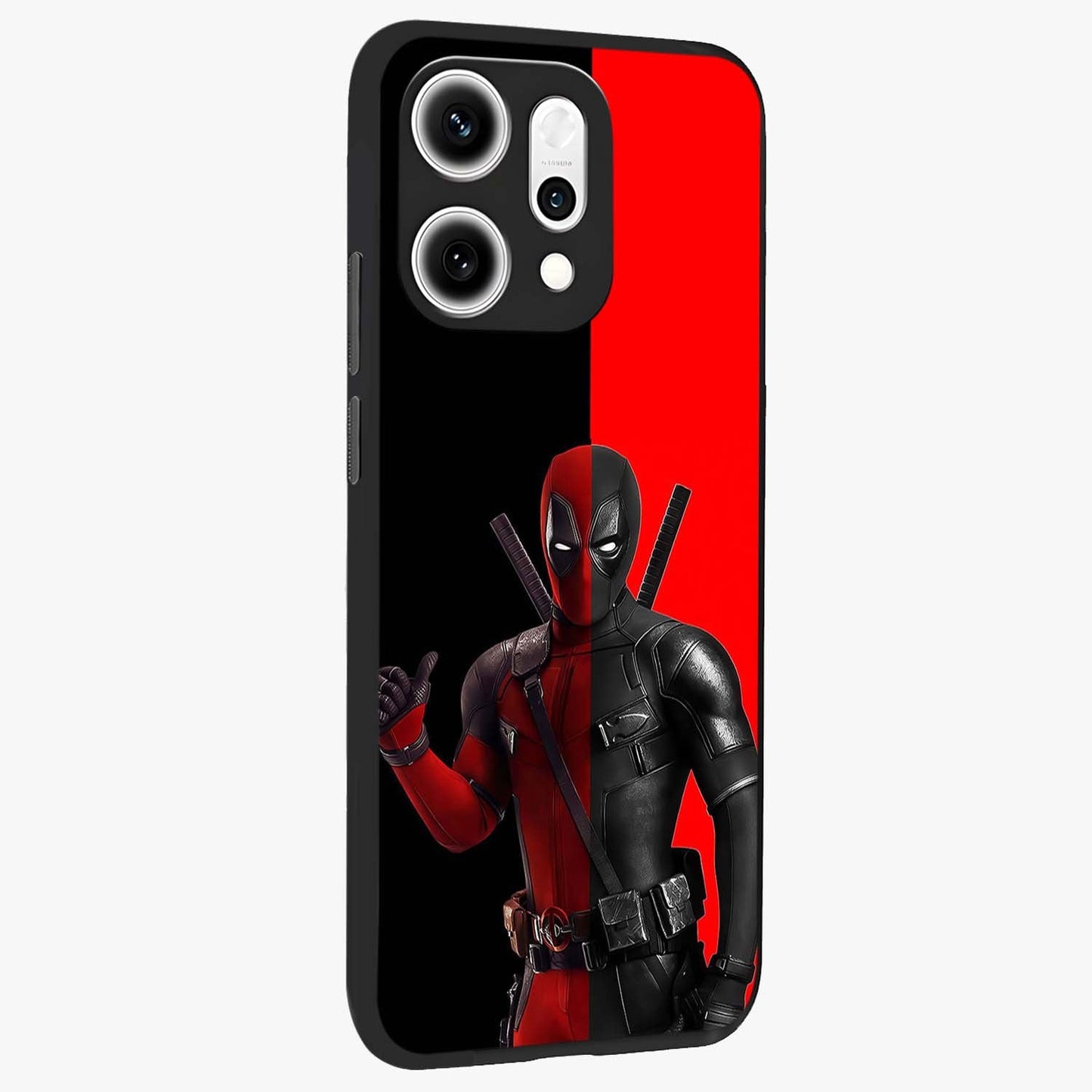 Red & Black Deadpool Theme Glass Case upright view showcasing energetic comic themed artwork with striking red and black design.