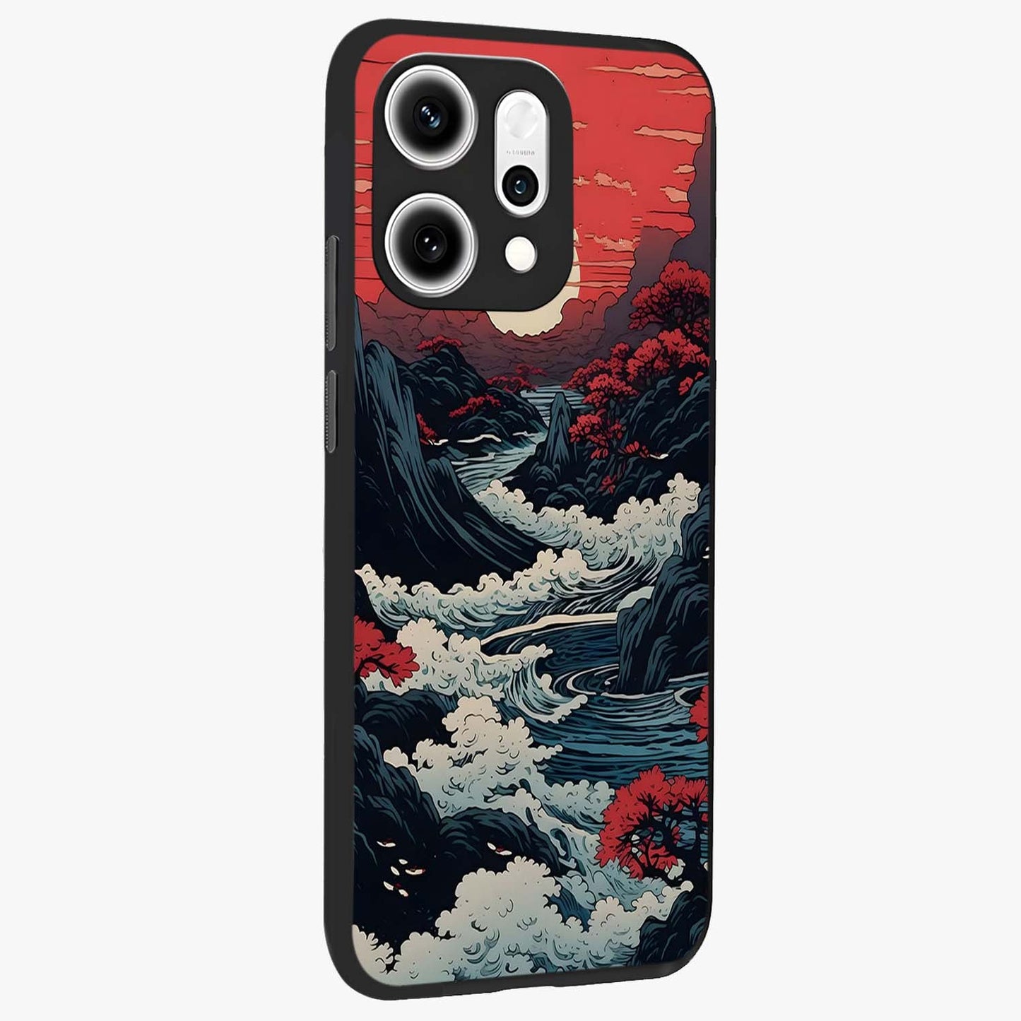 Red Sunset Scenery Glass Case upright view showcasing dramatic sunset scenery artwork with warm nature theme.