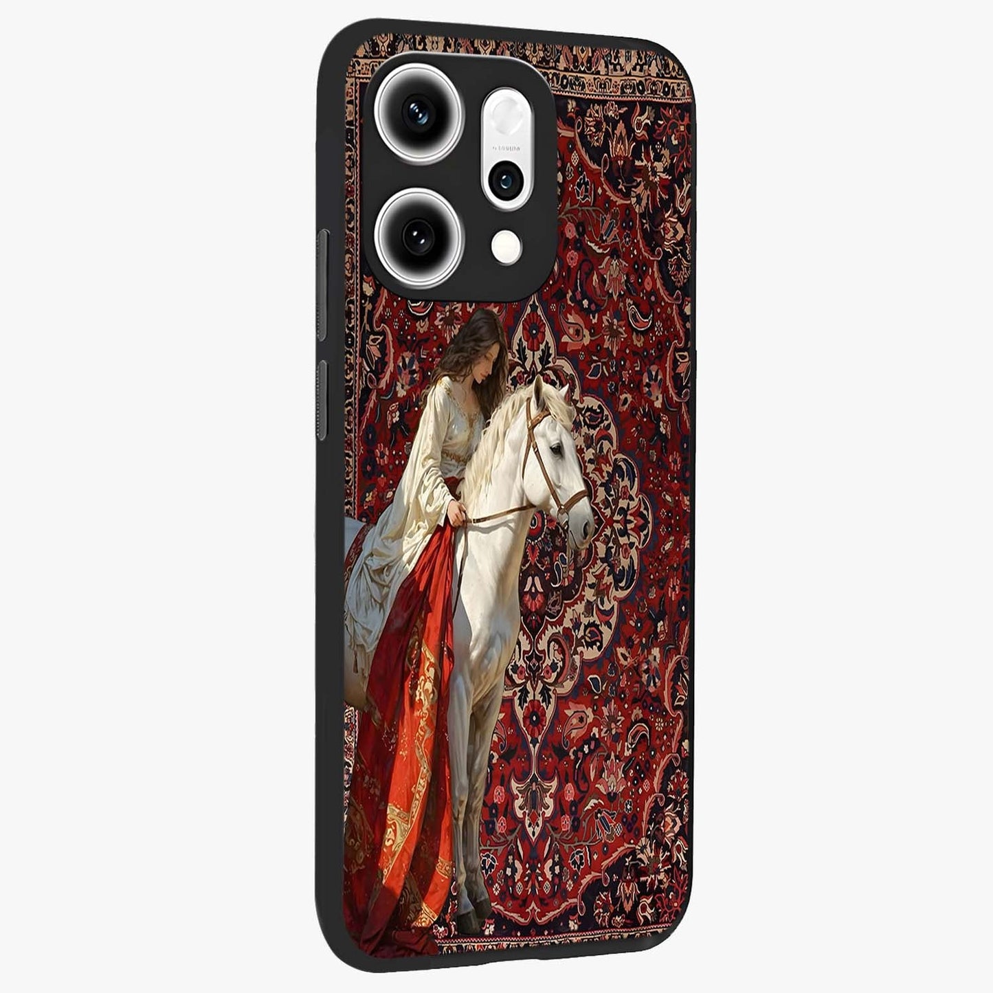 Royal Rider Tapestry Glass Case upright view showcasing detailed rider artwork with classic tapestry theme.