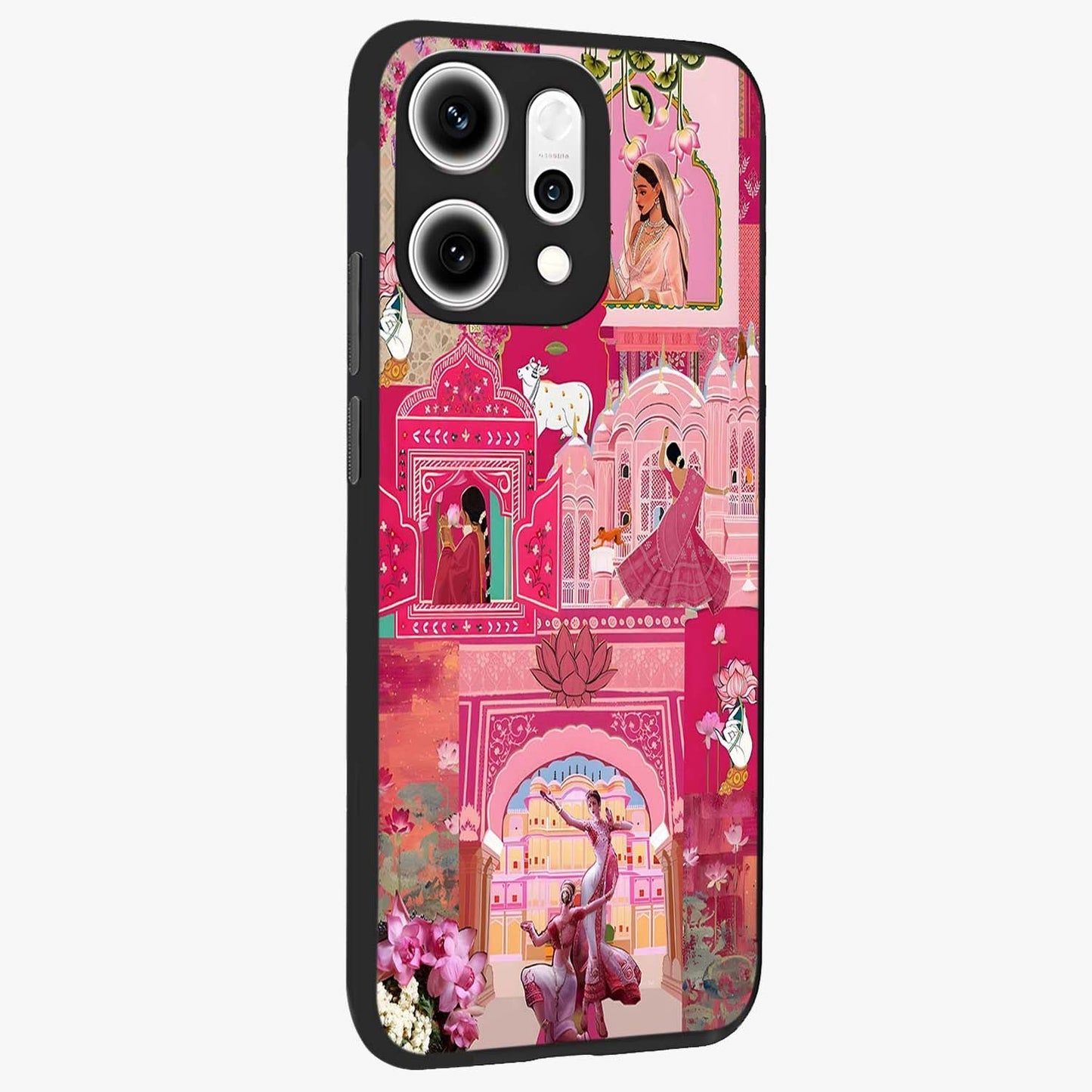 Blossoms of Rajasthan Glass Case upright view showcasing colorful floral design inspired by traditional Indian art.