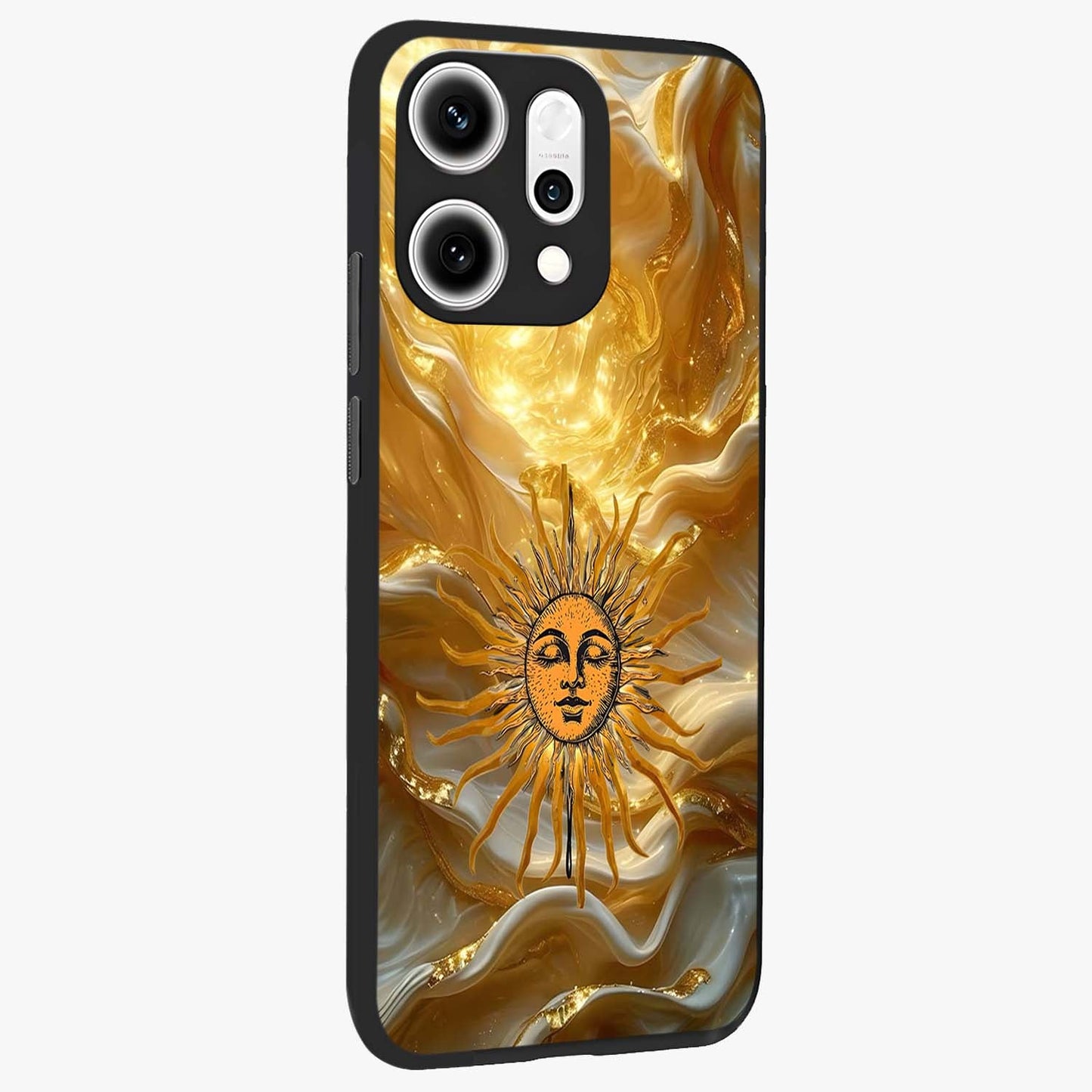 Eternal Golden Glow Glass Case upright view showcasing luminous golden artwork with luxurious visual theme.