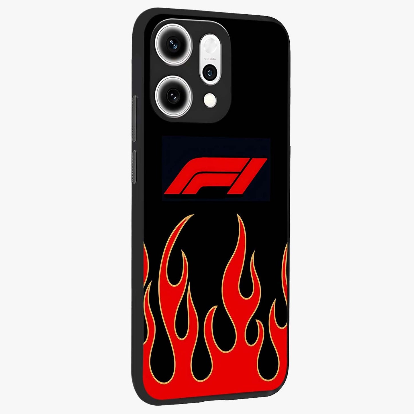 Fire F11 Glass Case upright view showcasing dynamic flame artwork with intense visual theme.