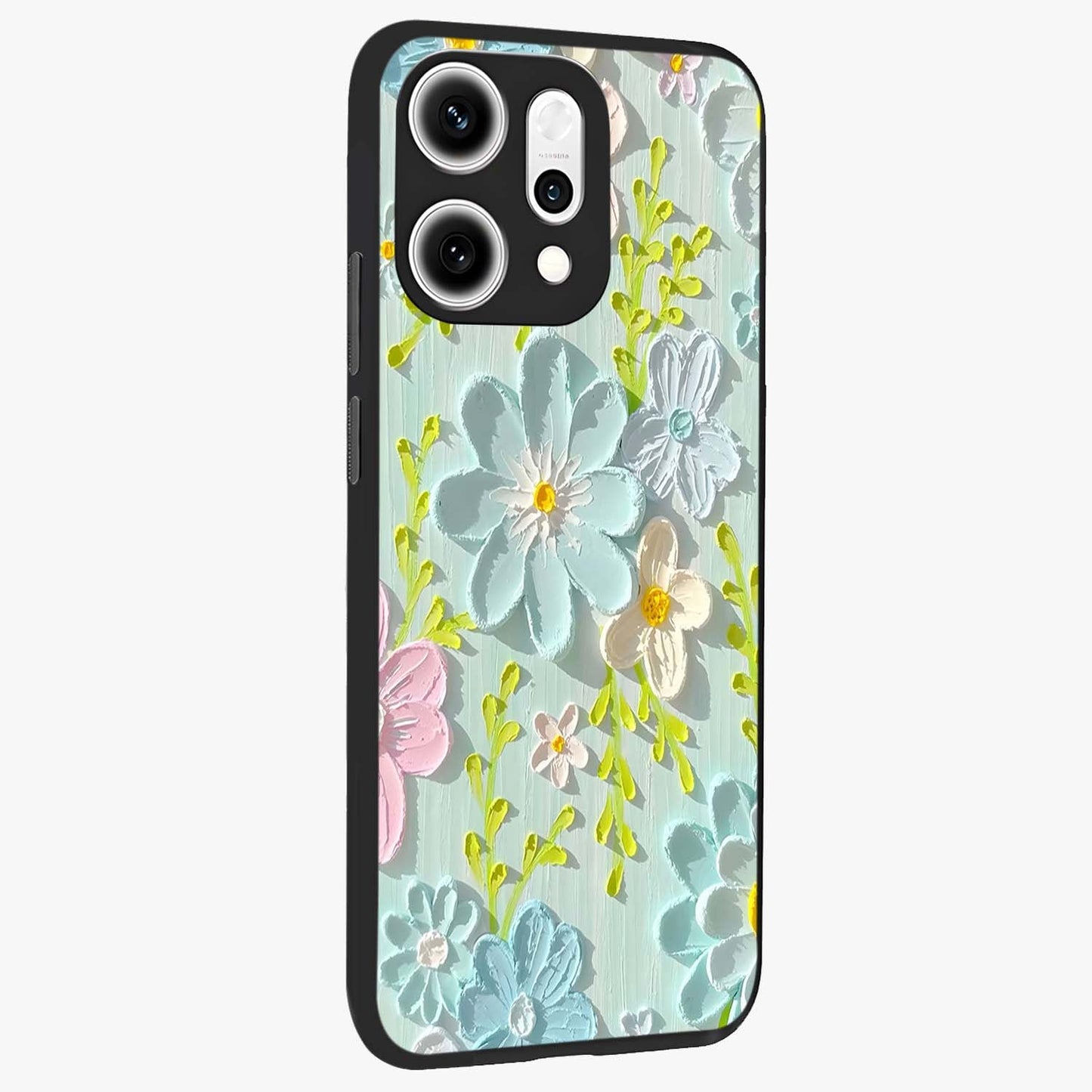 Frosted Petal Garden Glass Case upright view showcasing elegant floral garden artwork with soothing pastel theme.