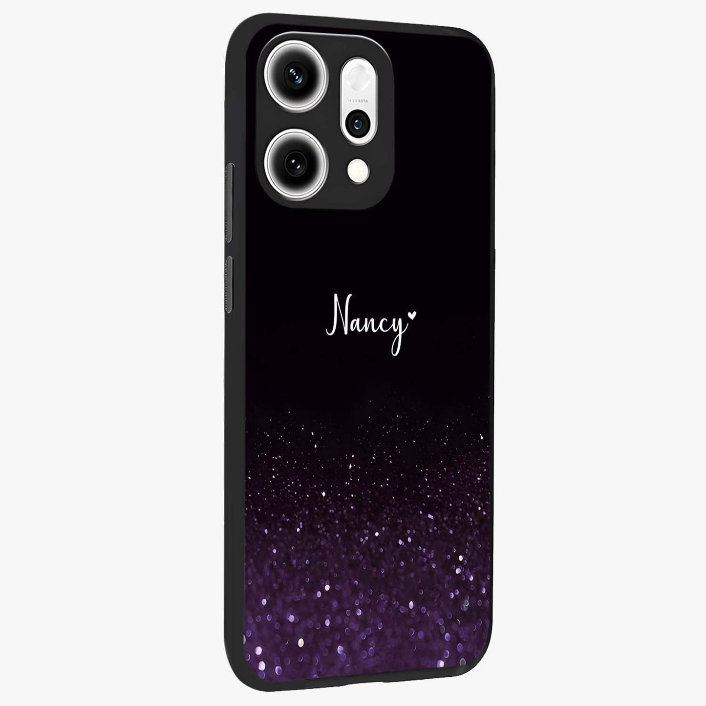 Glittery Purple Bokeh Custom Name Glass Case upright view showcasing vibrant purple sparkle artwork with personalized aesthetic style.