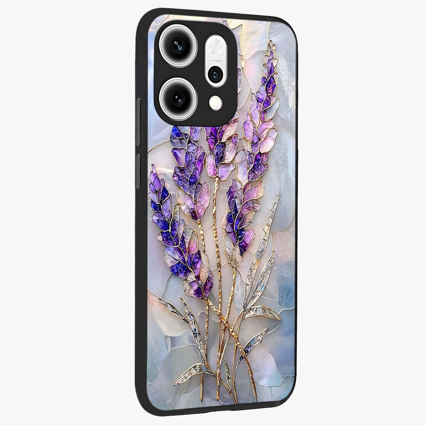 Lavender Dream Glow Glass Case upright view showcasing radiant lavender glow artwork with calming dreamy theme.