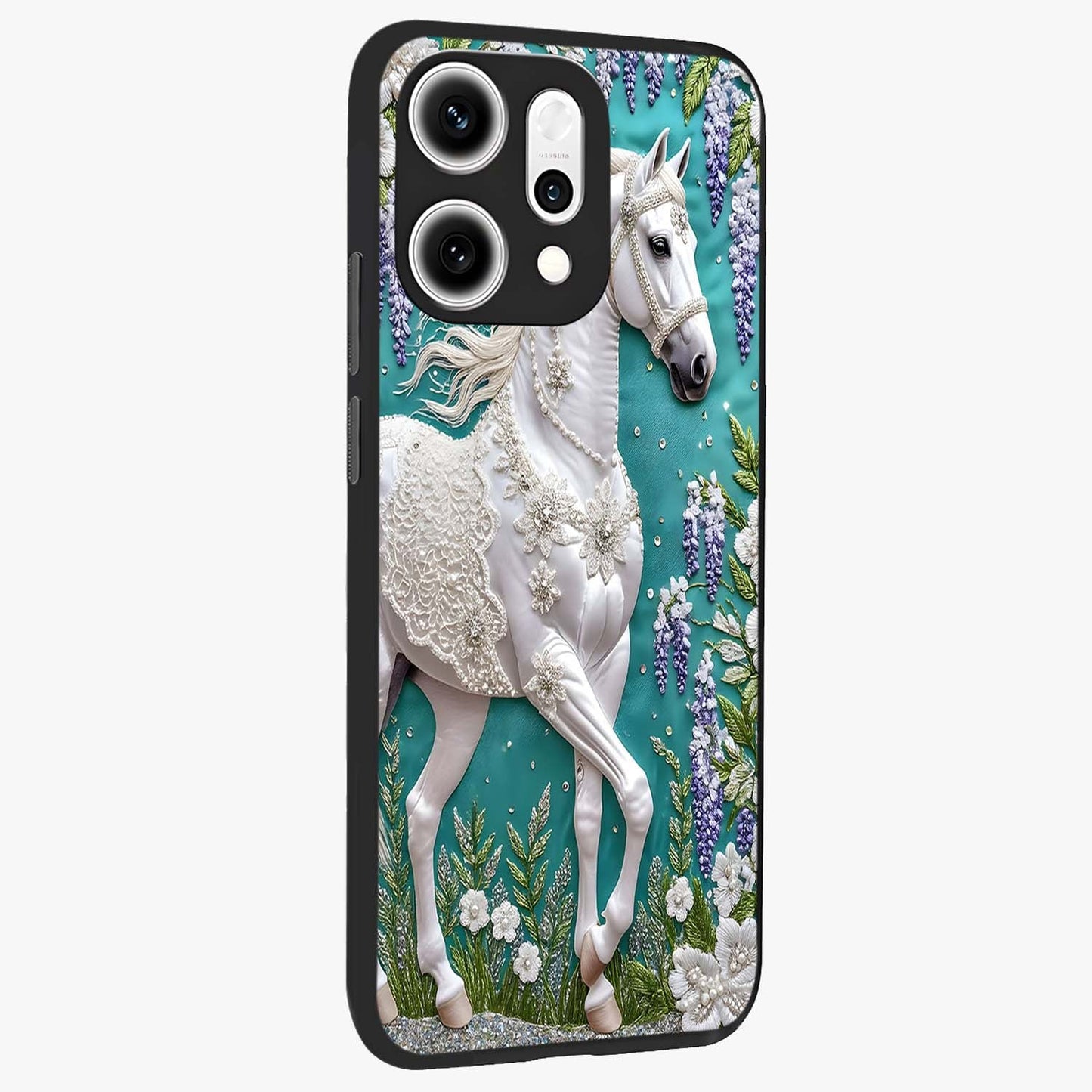 Majestic Floral Stallion Glass Case upright view showcasing dramatic horse artwork with decorative floral theme.