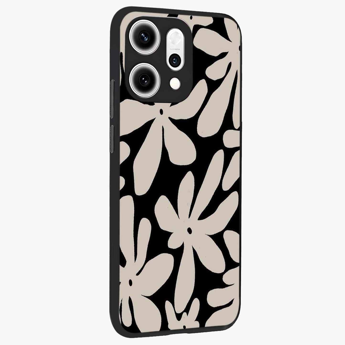Monochrome Petal Dance Glass Case upright view showcasing artistic floral pattern with stylish monochrome theme.
