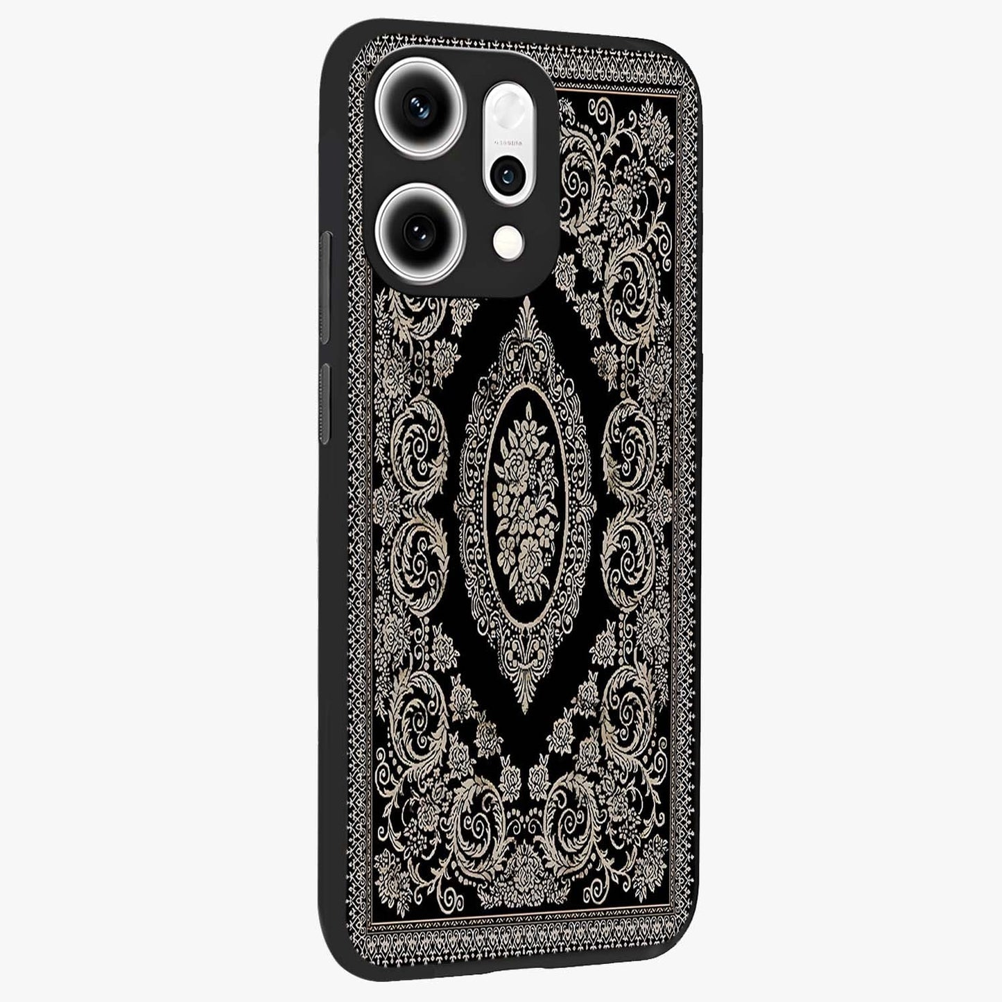 Noir Bloom Elegance Glass Case upright view showcasing graceful floral artwork with luxurious dark theme.