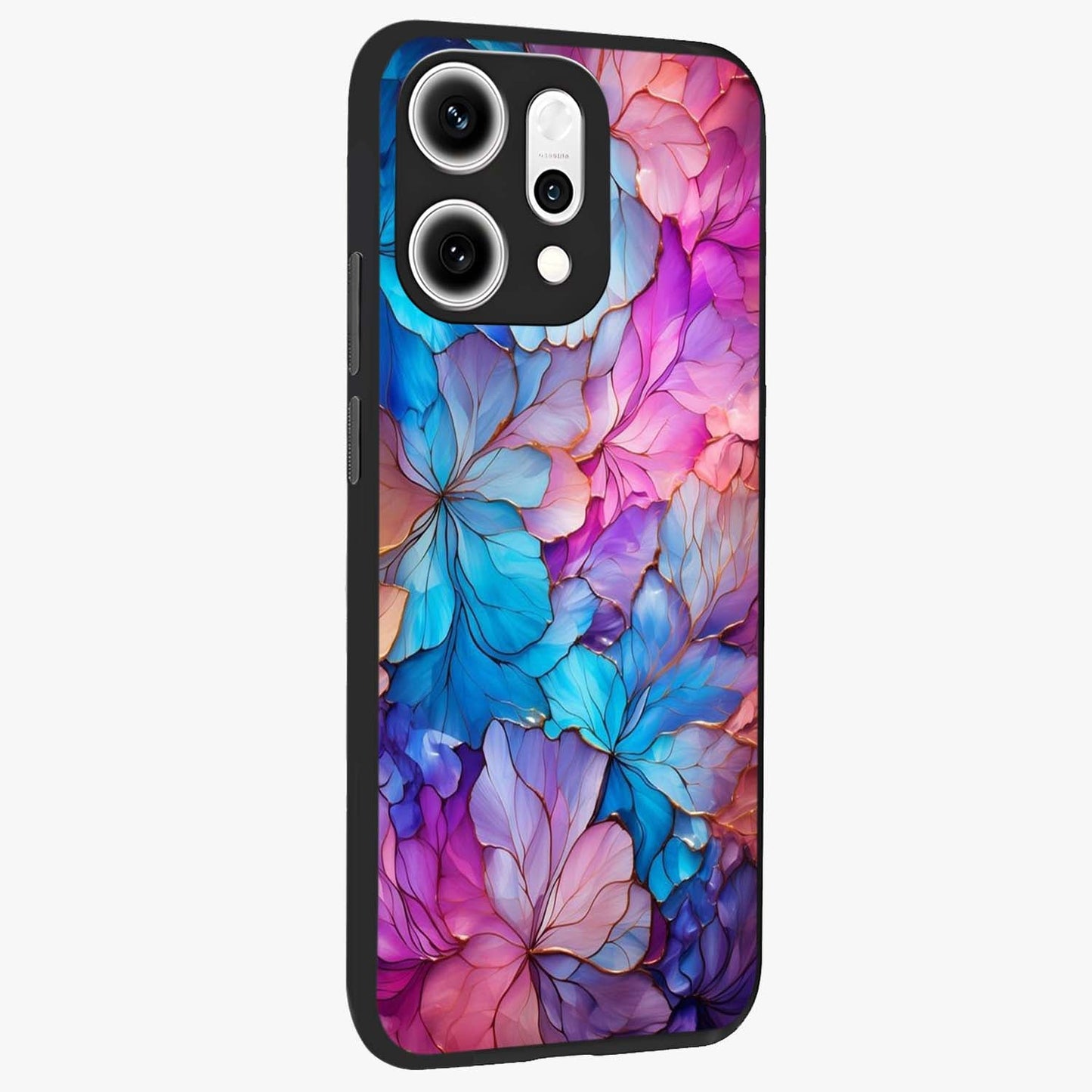 Radiant Floral Whirl Glass Case upright view showcasing lively floral artwork with decorative swirl theme.