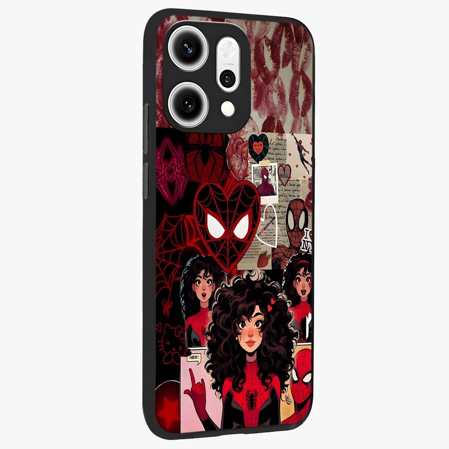 Spider Love Story Glass Case upright view showcasing charming superhero artwork with romantic comic theme.
