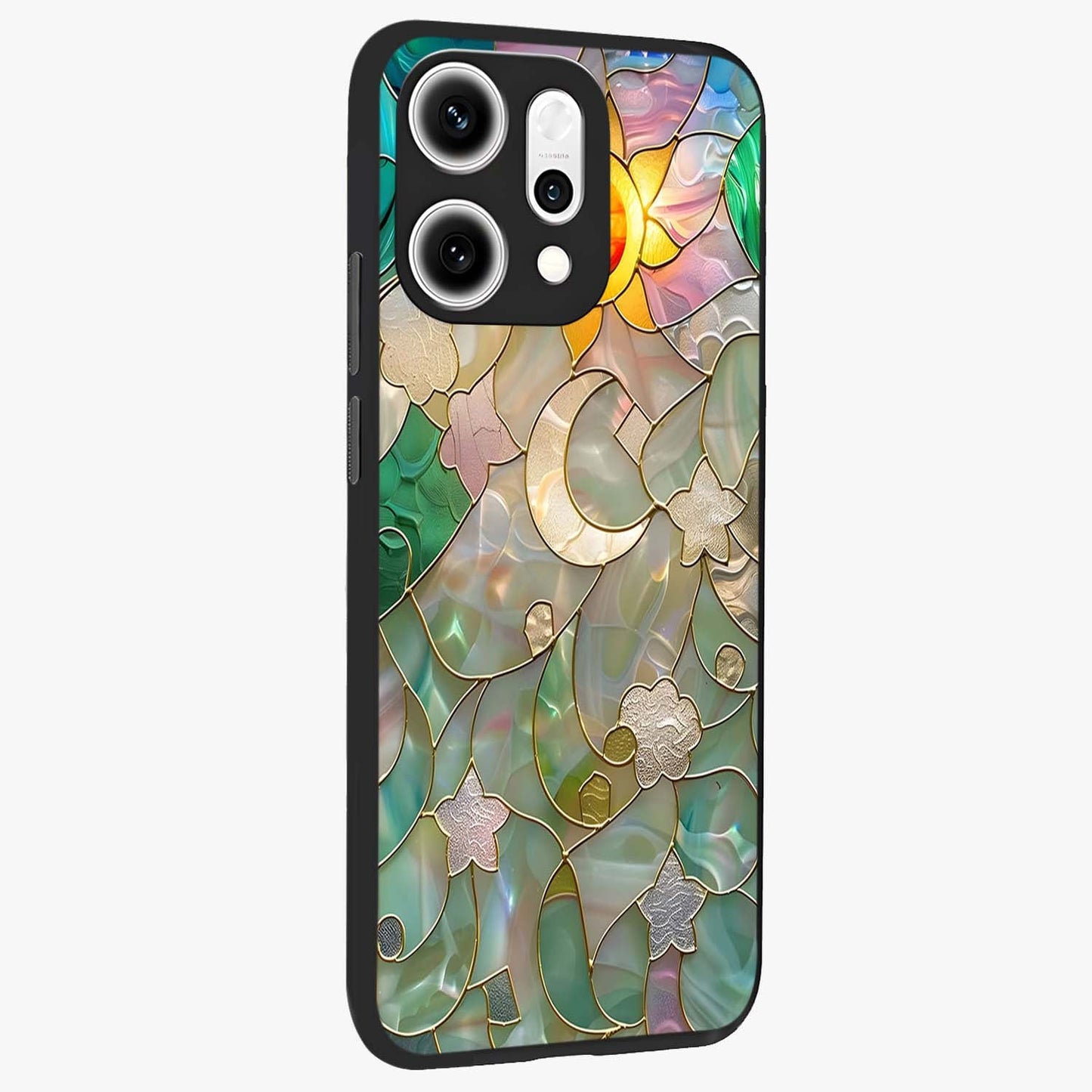 Stained Sunrise Glow Glass Case upright view showcasing colorful sunrise artwork with warm morning theme.