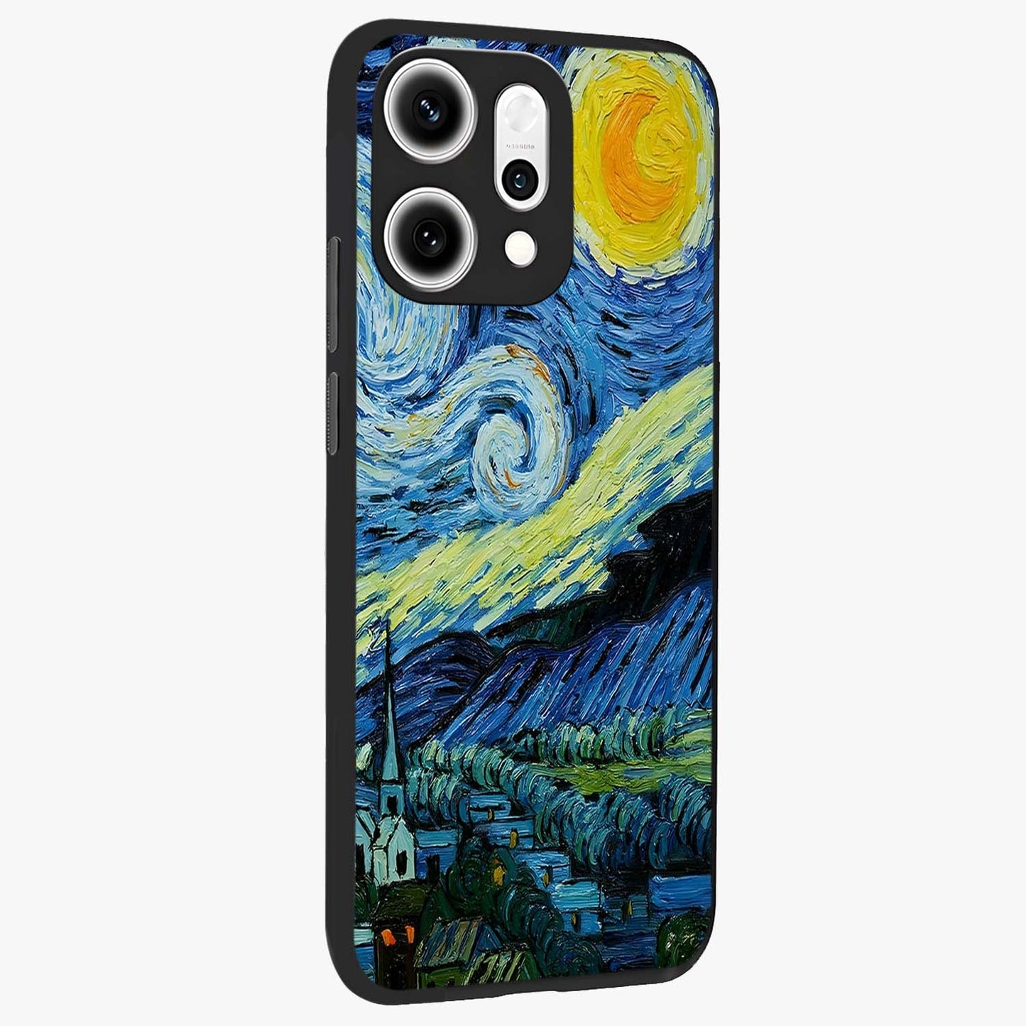 Van Gogh Art Glass Case upright view showcasing expressive painting style artwork with timeless artistic theme.