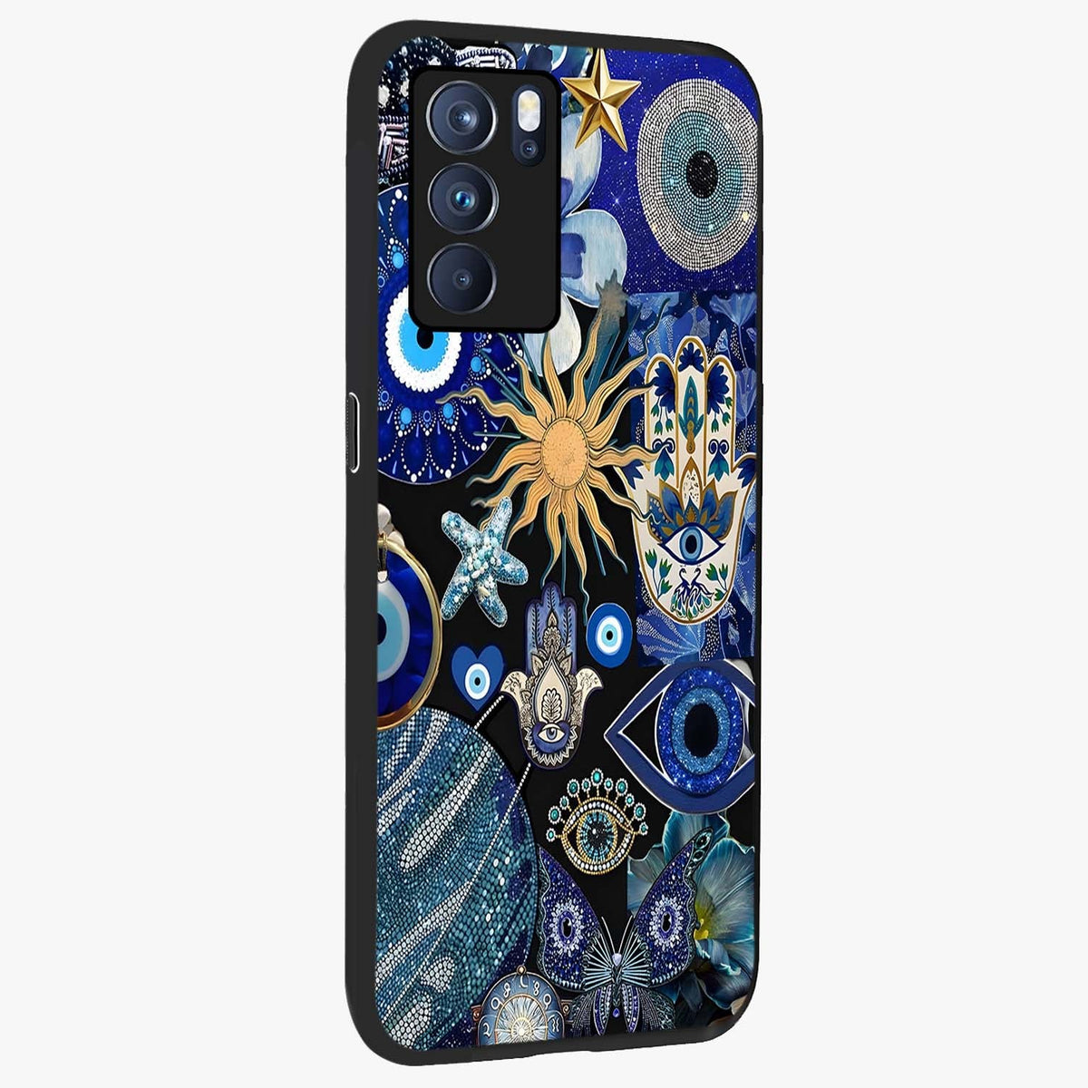 Evil Eye Charm Mix Glass Case upright view showcasing mystical evil eye pattern with vibrant decorative style.