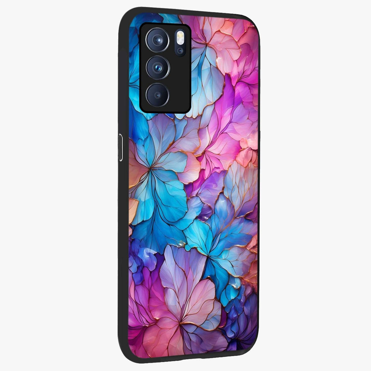 Radiant Floral Whirl Glass Case upright view showcasing lively floral artwork with decorative swirl theme.
