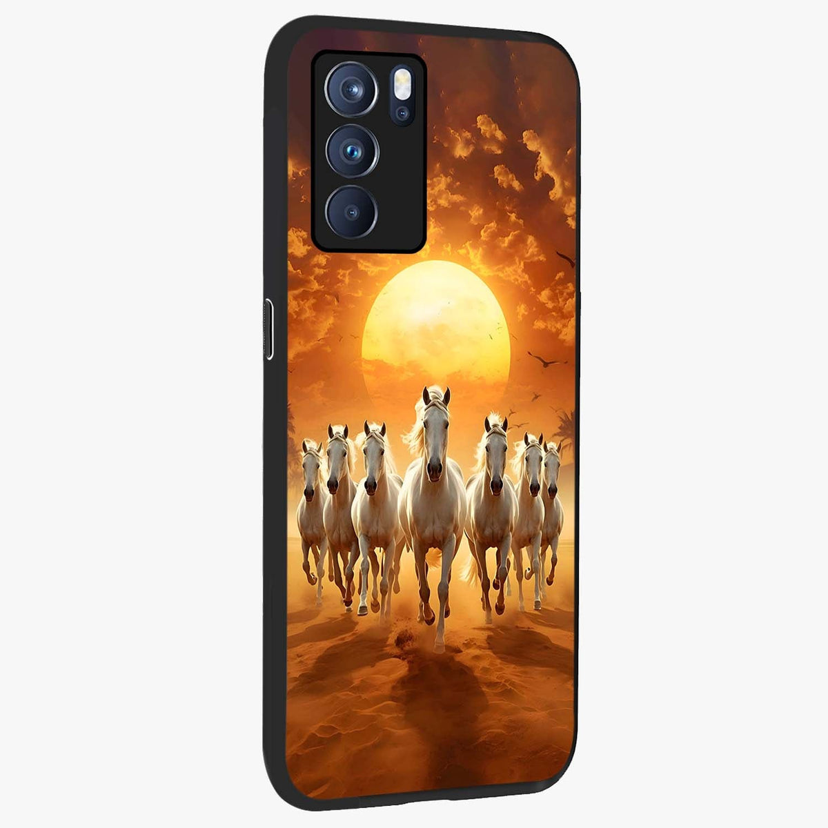 Wild Sunset Majesty Glass Case upright view showcasing dramatic sunset artwork with bold nature theme.