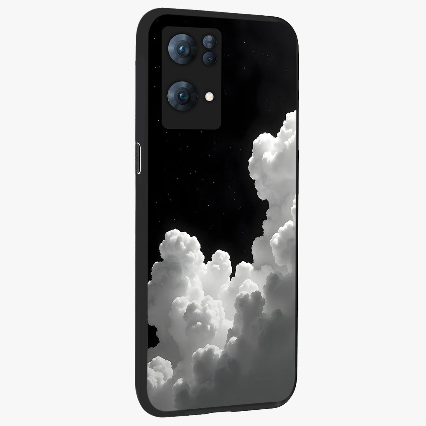 Black Background With White Cloud Glass Case upright view showcasing calm cloud aesthetic with modern minimal style.