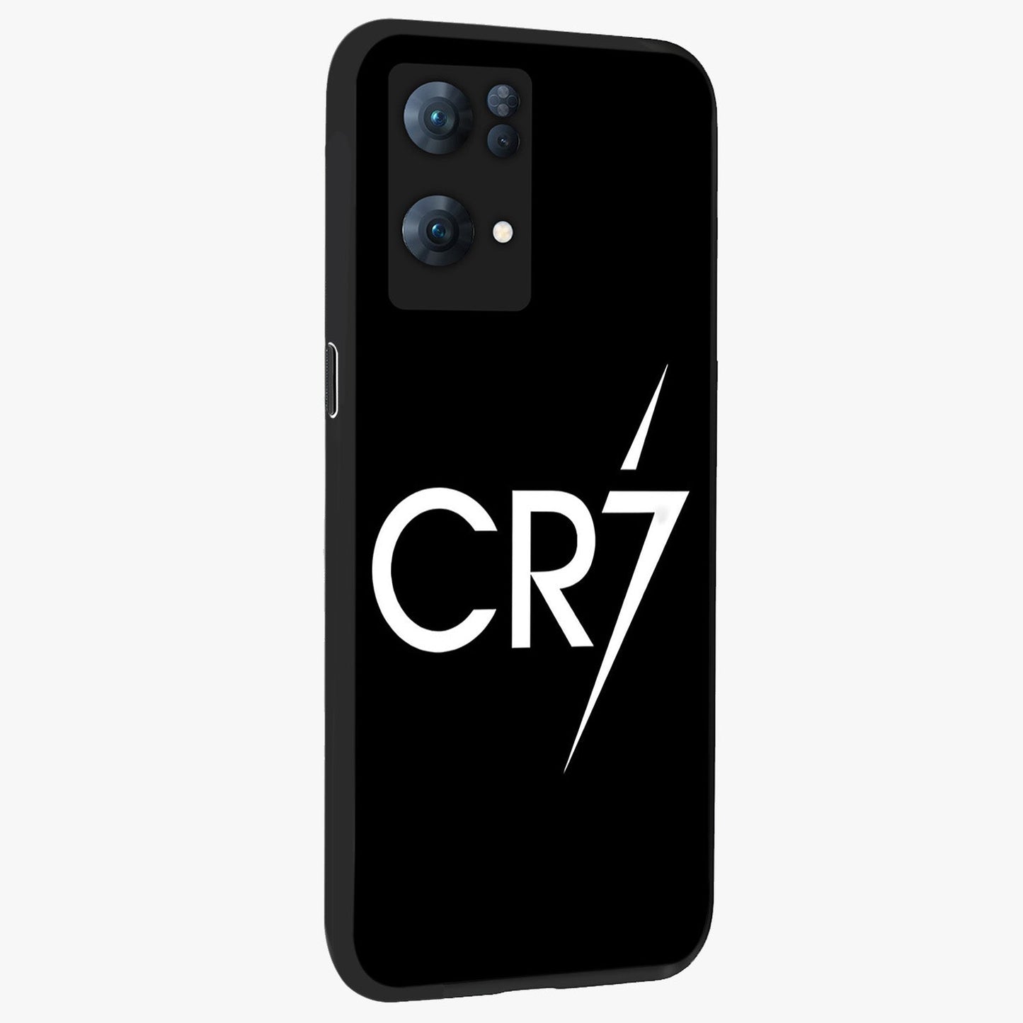 Cr7 Elite Strike Glass Case upright view showcasing energetic football inspired design with modern sports aesthetic.