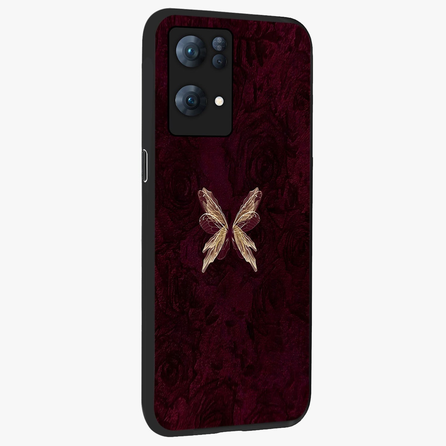 Crimson Fade Butterfly Glass Case upright view showcasing graceful butterfly artwork with soft crimson fade effect.