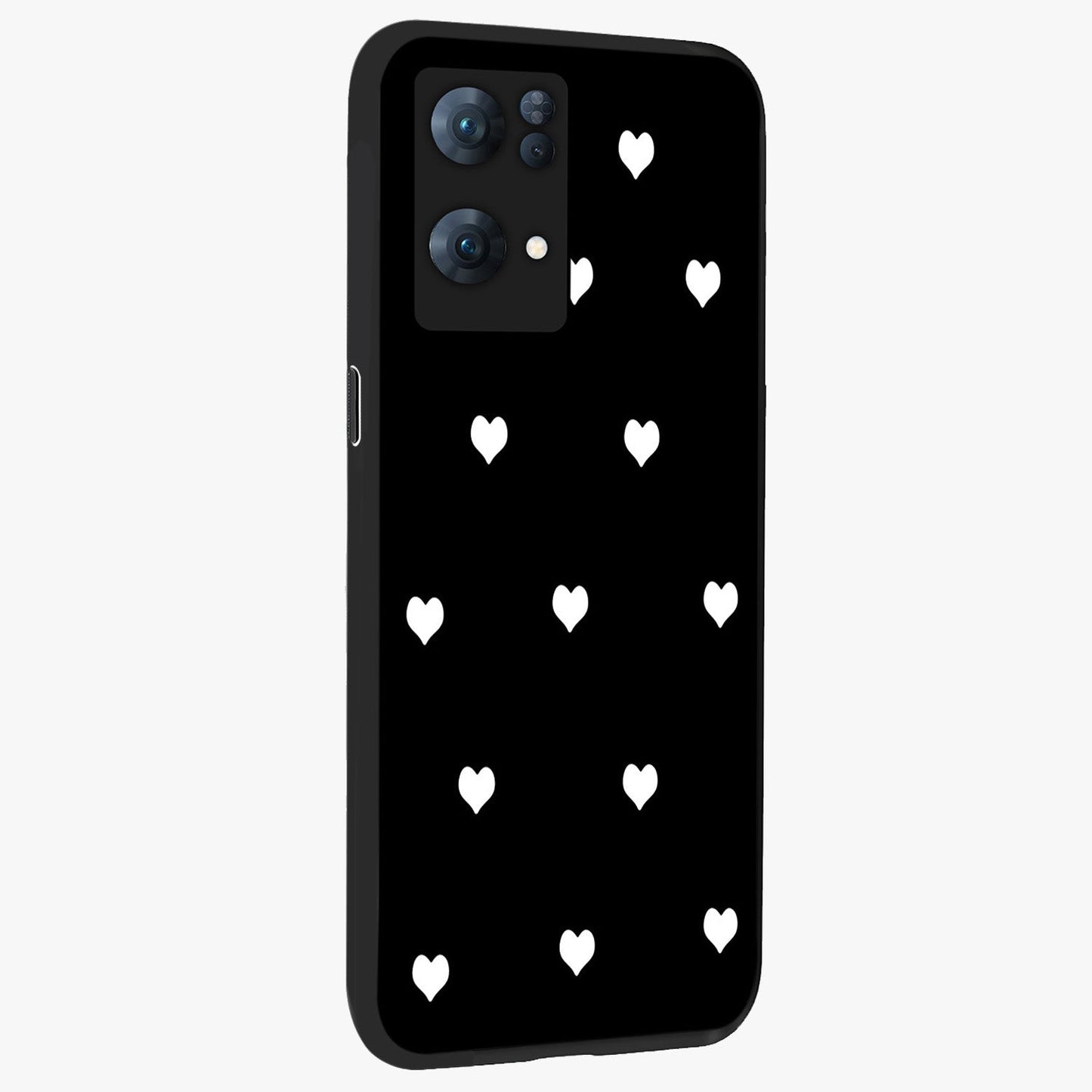 Cute And Simple White Hearts Glass Case upright view showcasing simple white hearts artwork with soft minimal theme.