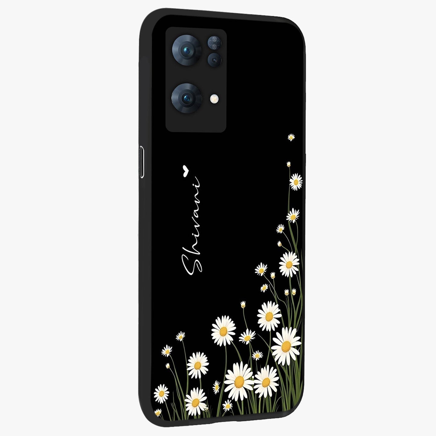 Daisy Cascade Custom Name Glass Case upright view showcasing elegant floral cascade design with personalized aesthetic.