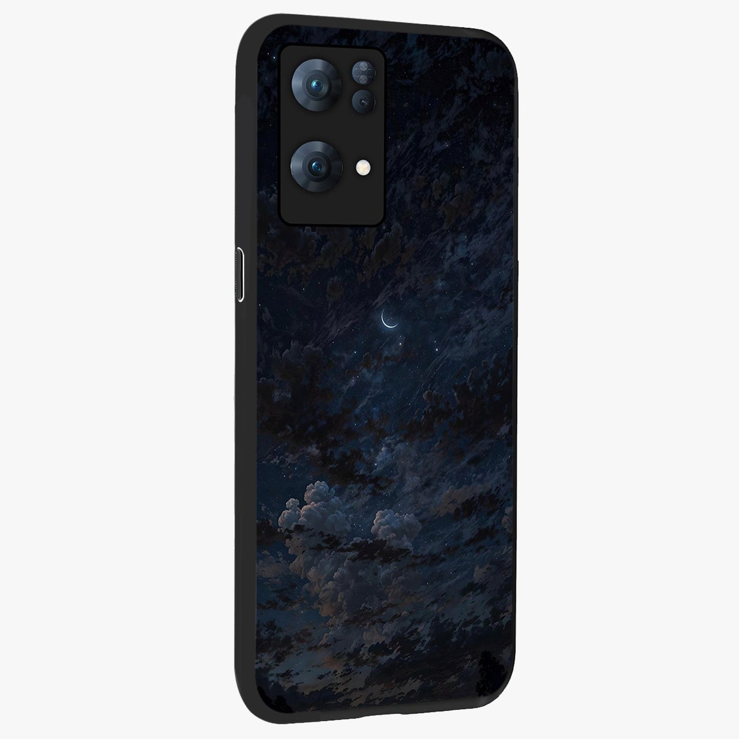 Lunar Veil Silence Glass Case upright view showcasing calm moon themed artwork with serene night atmosphere.