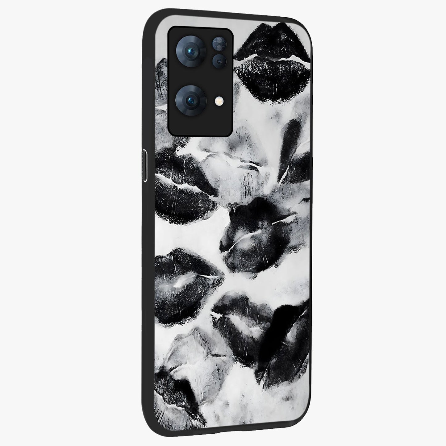 Midnight Kiss Marks Glass Case upright view showcasing stylish kiss mark artwork with trendy romantic theme.