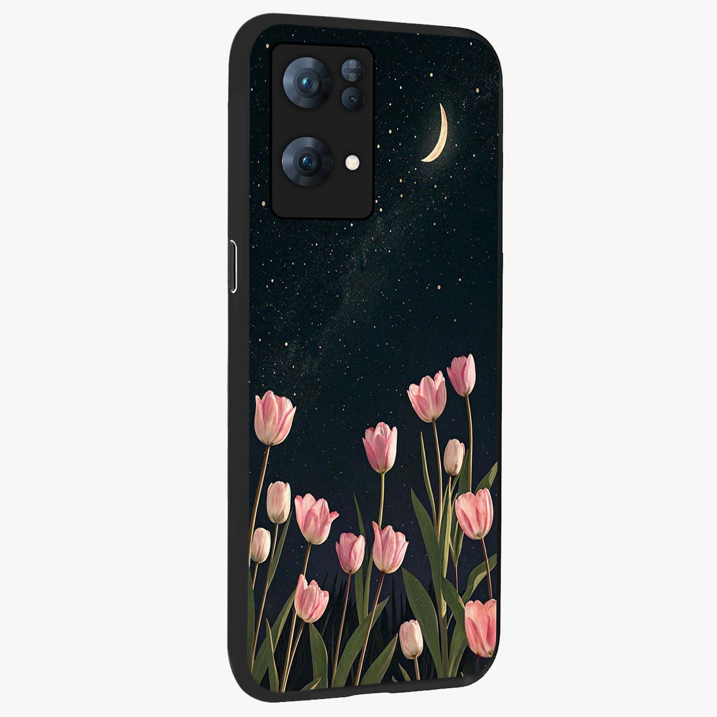 Midnight Tulip Whispers Vibe Glass Case upright view showcasing graceful tulip artwork with calm botanical theme.