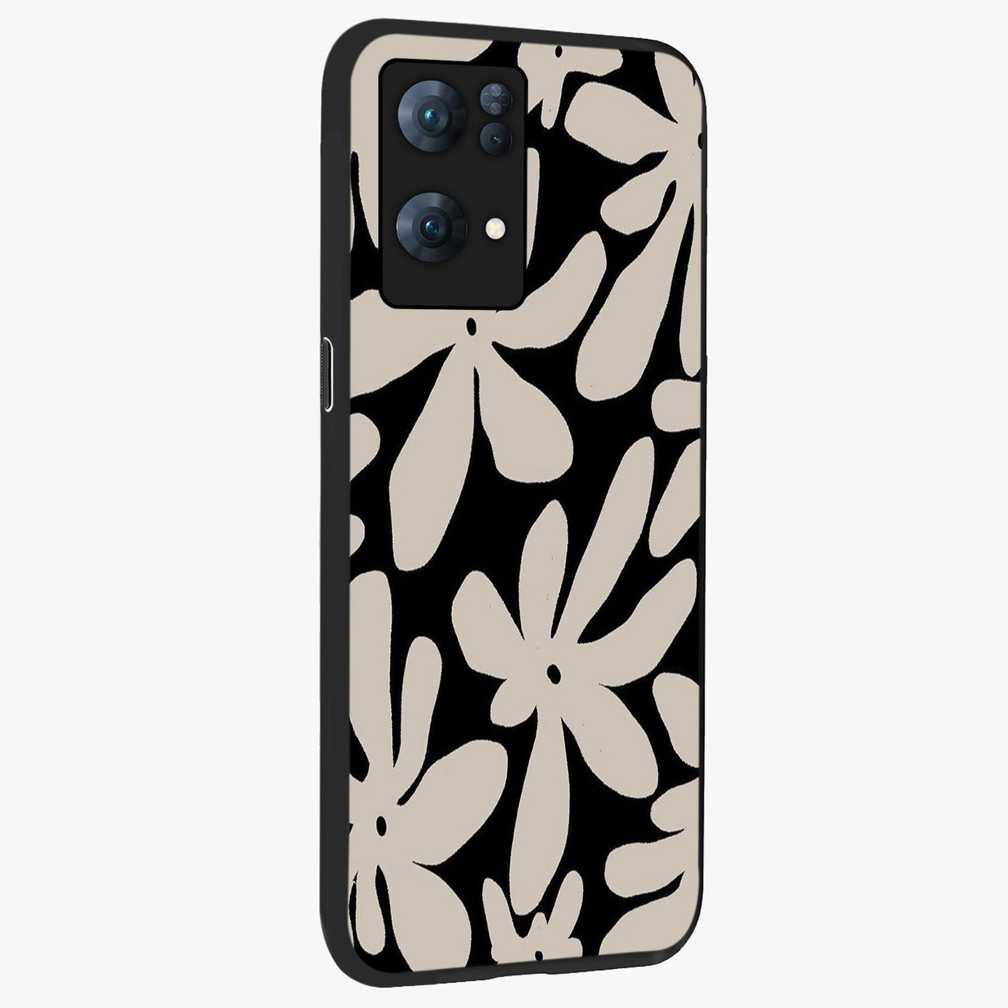 Monochrome Petal Dance Glass Case upright view showcasing artistic floral pattern with stylish monochrome theme.