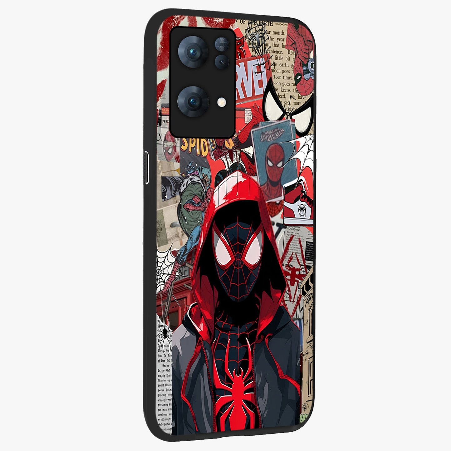 Spider Collage Street Glass Case upright view showcasing bold superhero artwork with urban street theme.