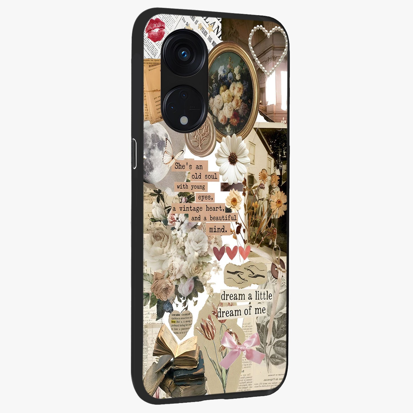 Aesthetic Brown Vintage Collage Glass Case upright view showcasing nostalgic retro artwork with stylish vintage theme.