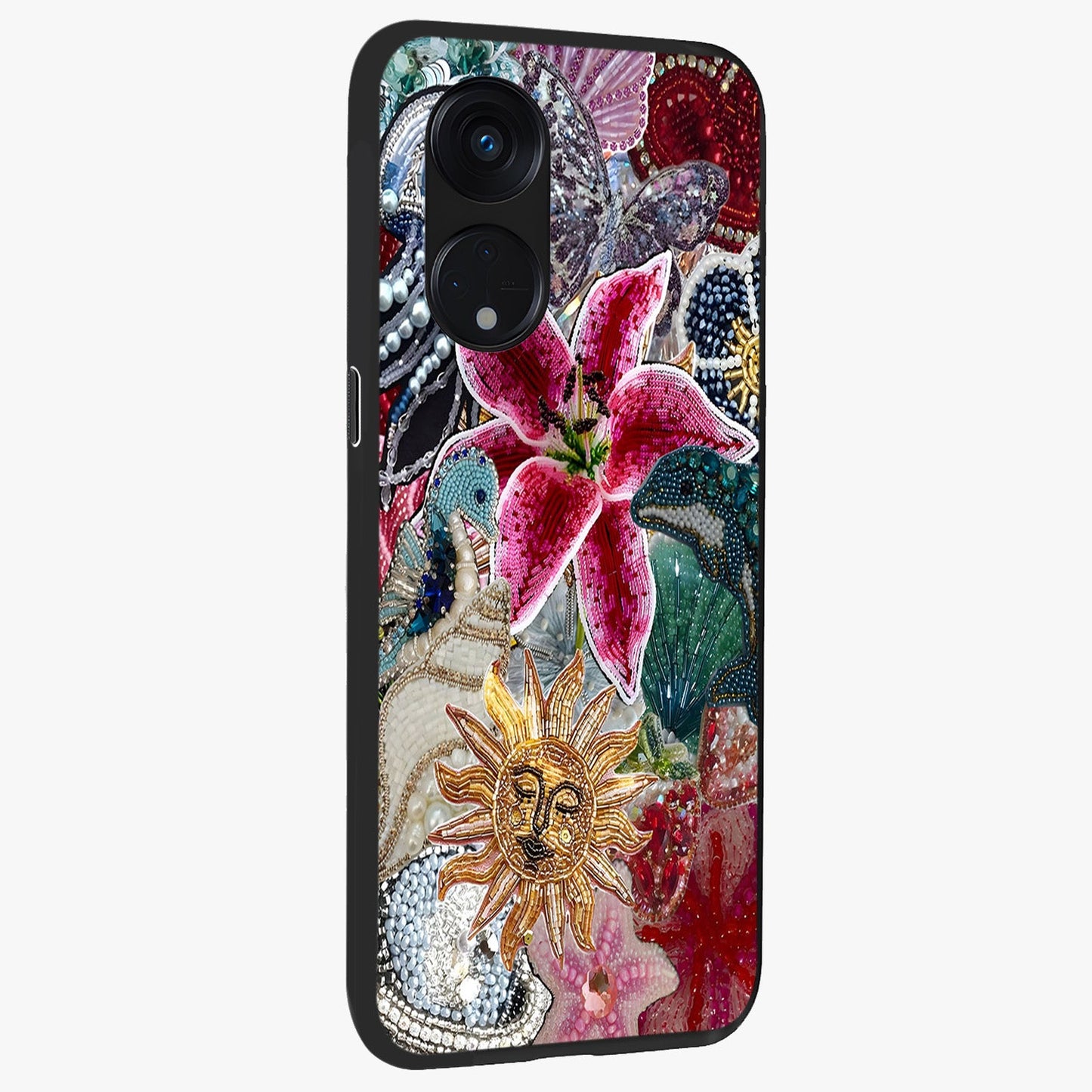 Beaded Garden Fantasy Glass Case upright view showcasing whimsical garden aesthetic with artistic bead details.