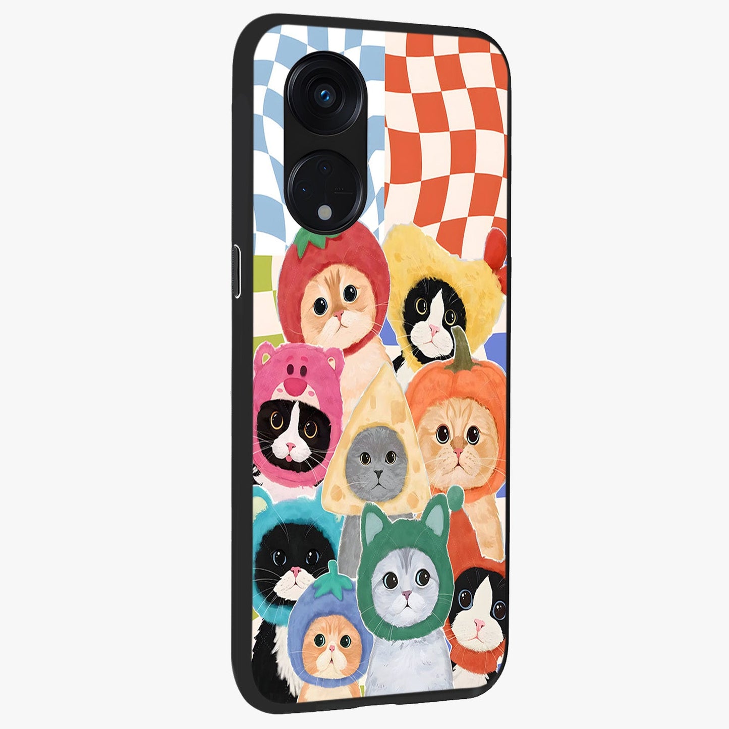 Cats in Fruits Glass Case upright view showcasing charming cat artwork with fun fruity theme.