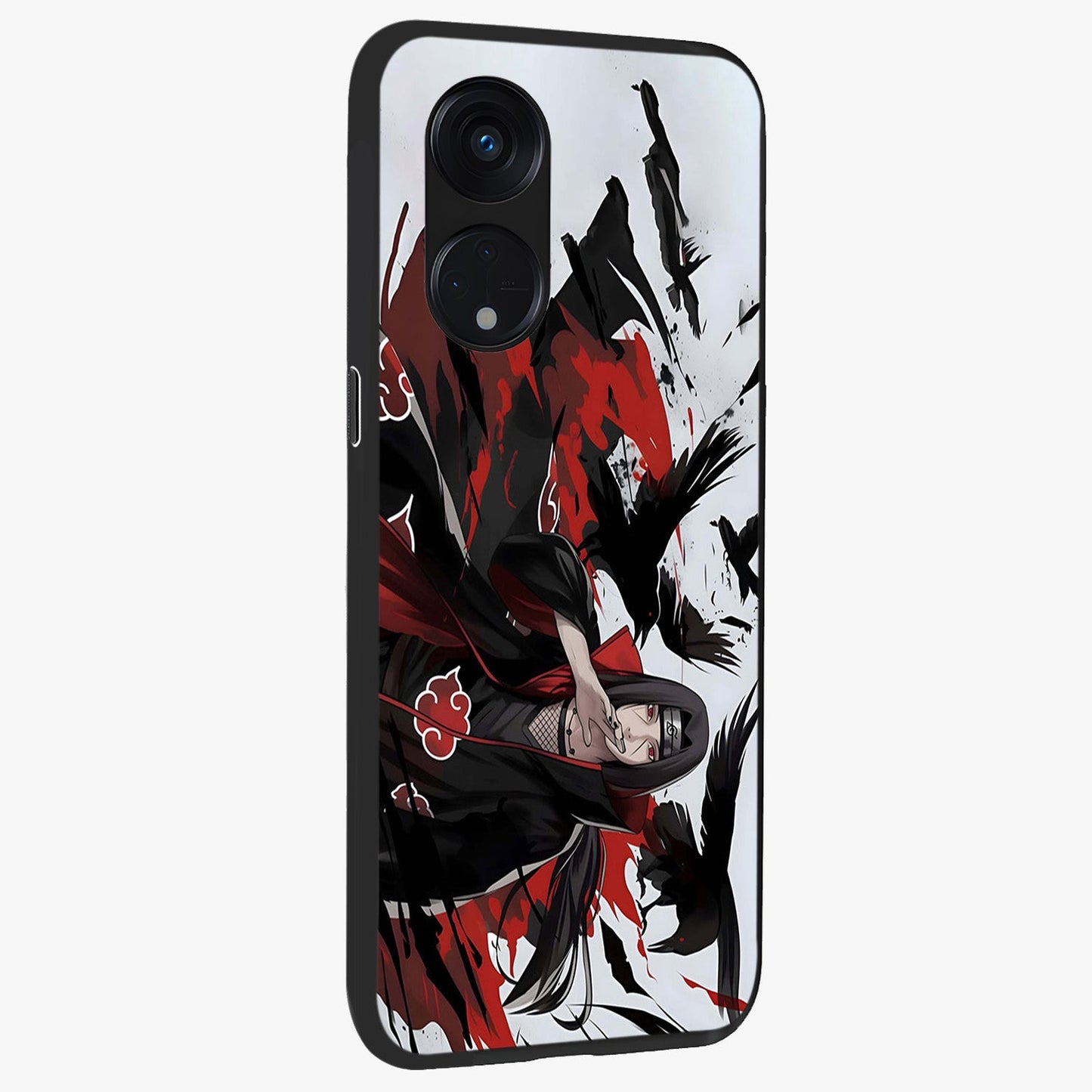 Crimson Crow Illusion Glass Case upright view showcasing striking crow illusion artwork with intense crimson theme.