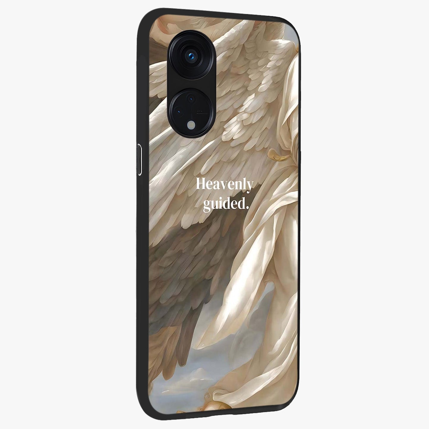 Divine Winged Grace Glass Case upright view showcasing spiritual wing artwork with soft celestial theme.