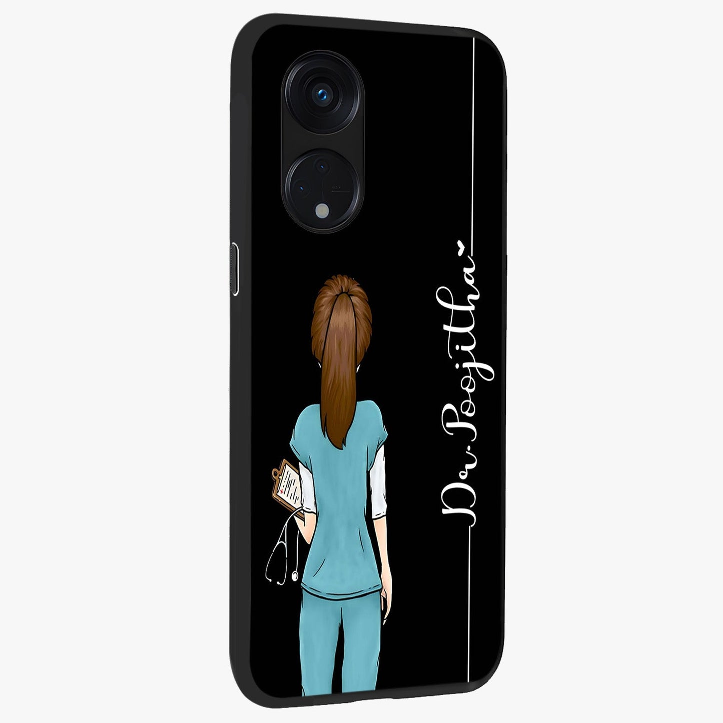 Doctor Pattern Custom Name Glass Case upright view showcasing healthcare themed design with personalized aesthetic.
