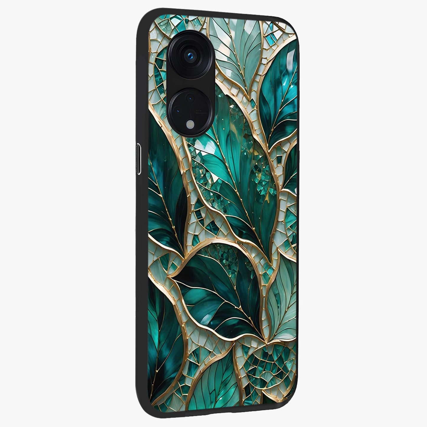 Emerald Leaf Glass Glass Case upright view showcasing fresh green leaf artwork with calming nature inspired style.