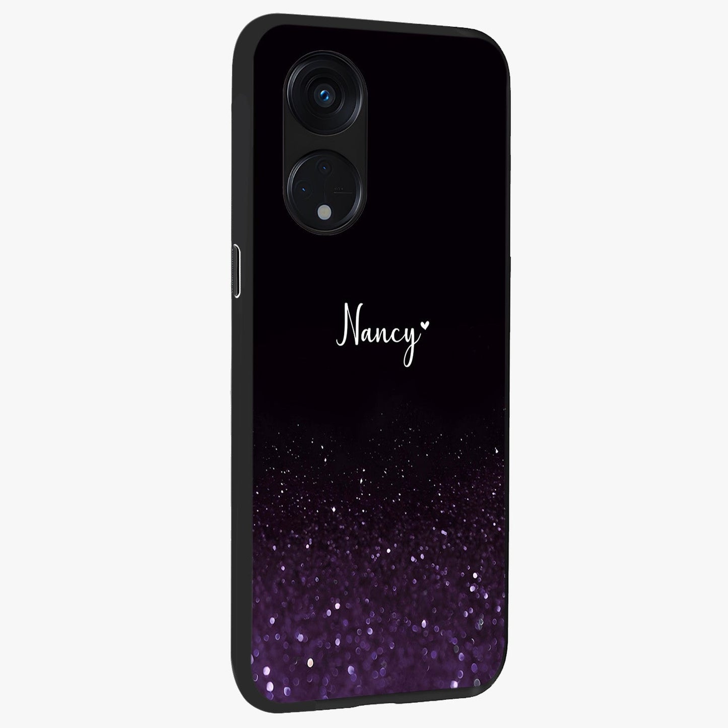 Glittery Purple Bokeh Custom Name Glass Case upright view showcasing vibrant purple sparkle artwork with personalized aesthetic style.