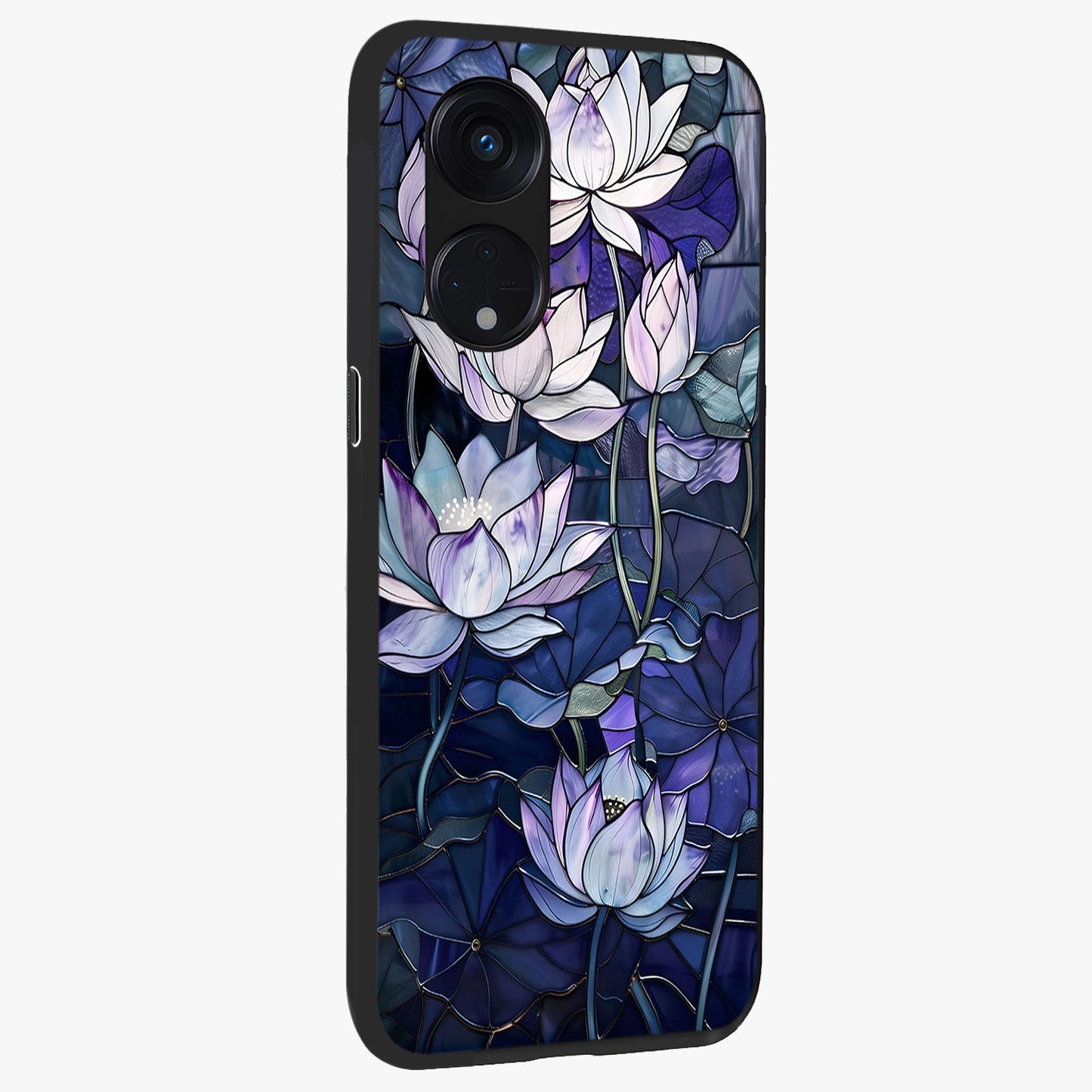 Gloss Petal Rush Glass Case upright view showcasing dynamic floral petal artwork with modern botanical theme.