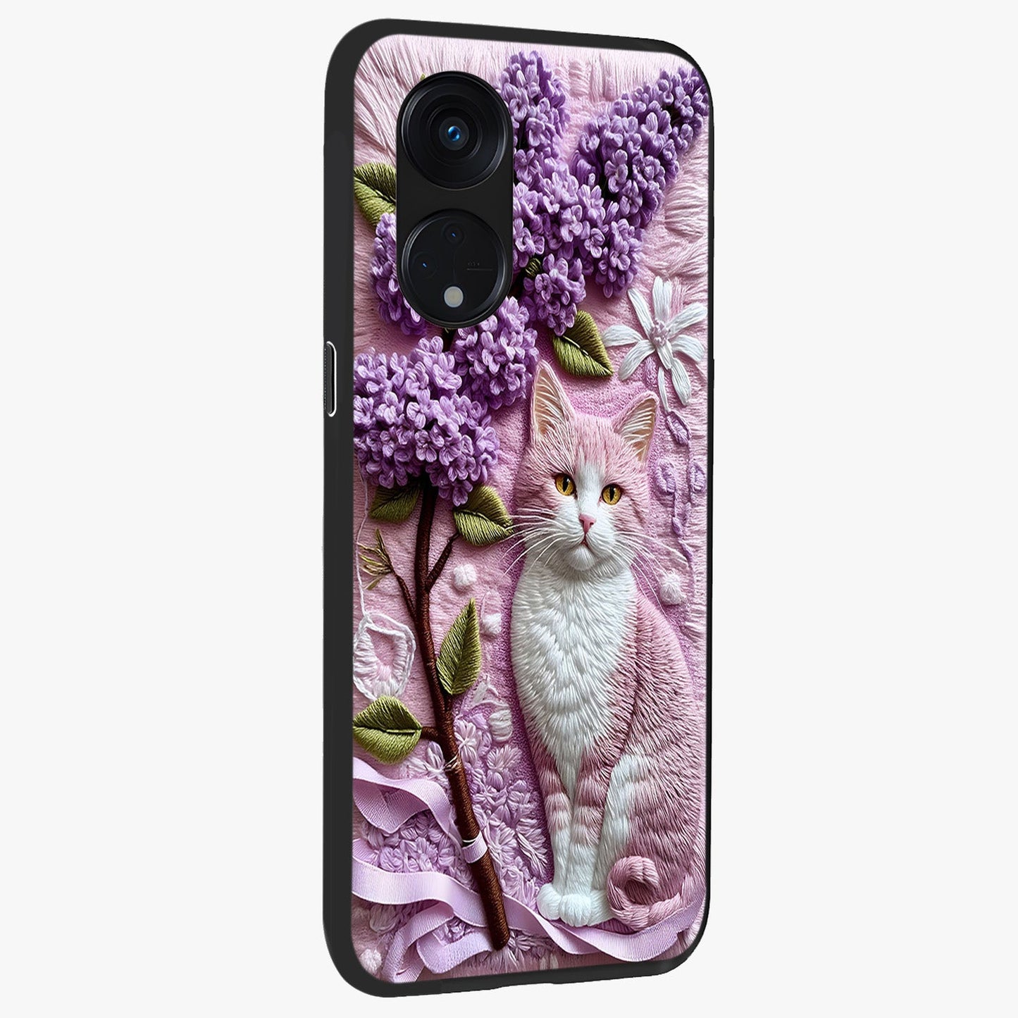 Lavender Cat Whimsy Glass Case upright view showcasing charming cat artwork with whimsical lavender theme.