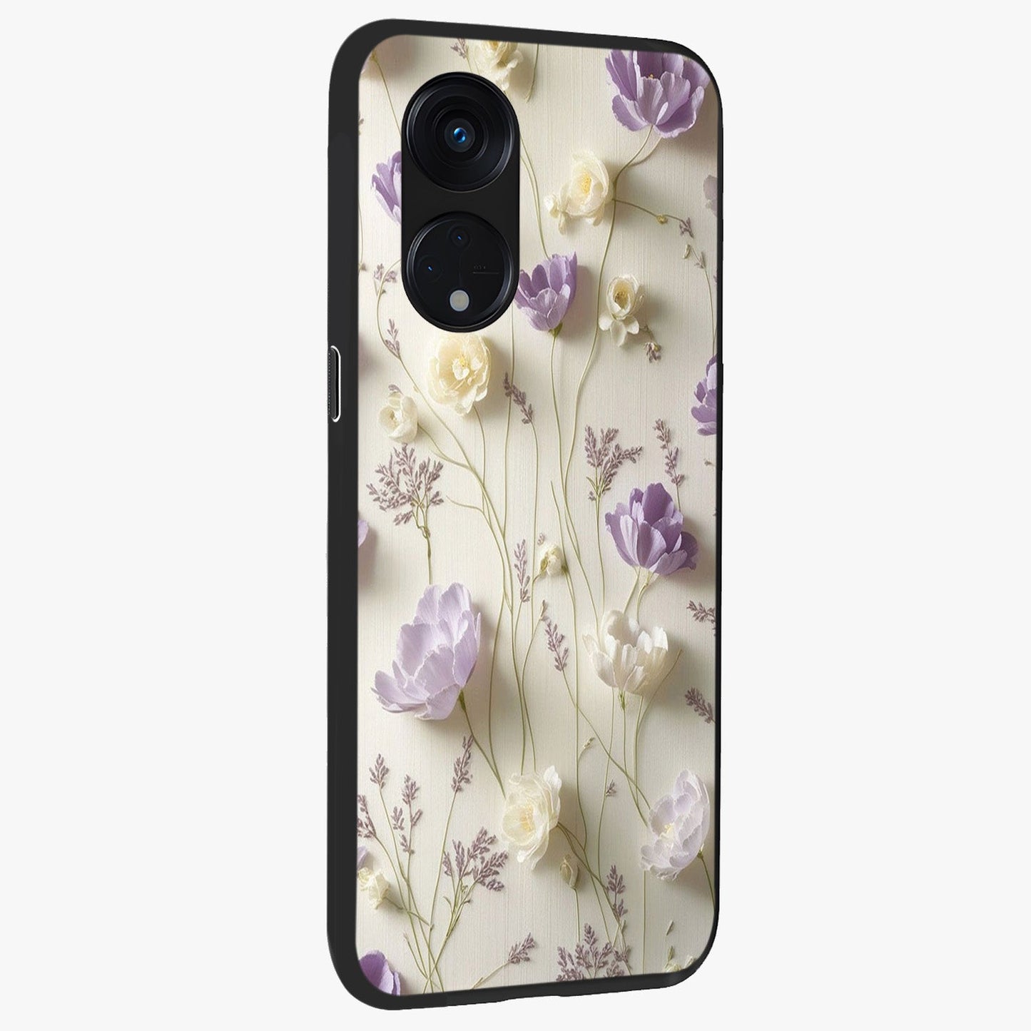 Lilac Breeze Harmony Glass Case upright view showcasing delicate lilac artwork with peaceful floral theme.