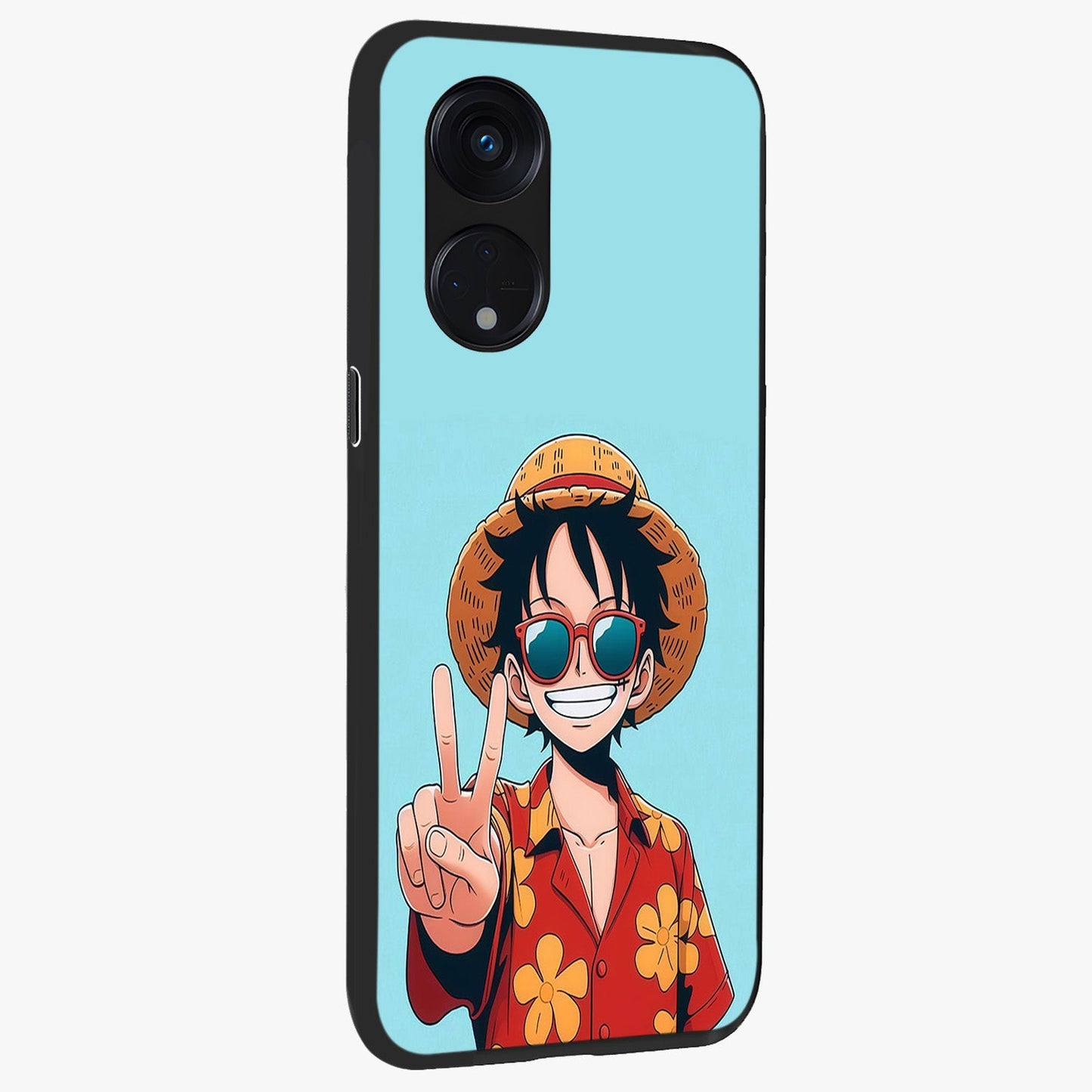Luffy Summer Anime Vibe Glass Case upright view showcasing dynamic anime artwork with bright adventurous theme.